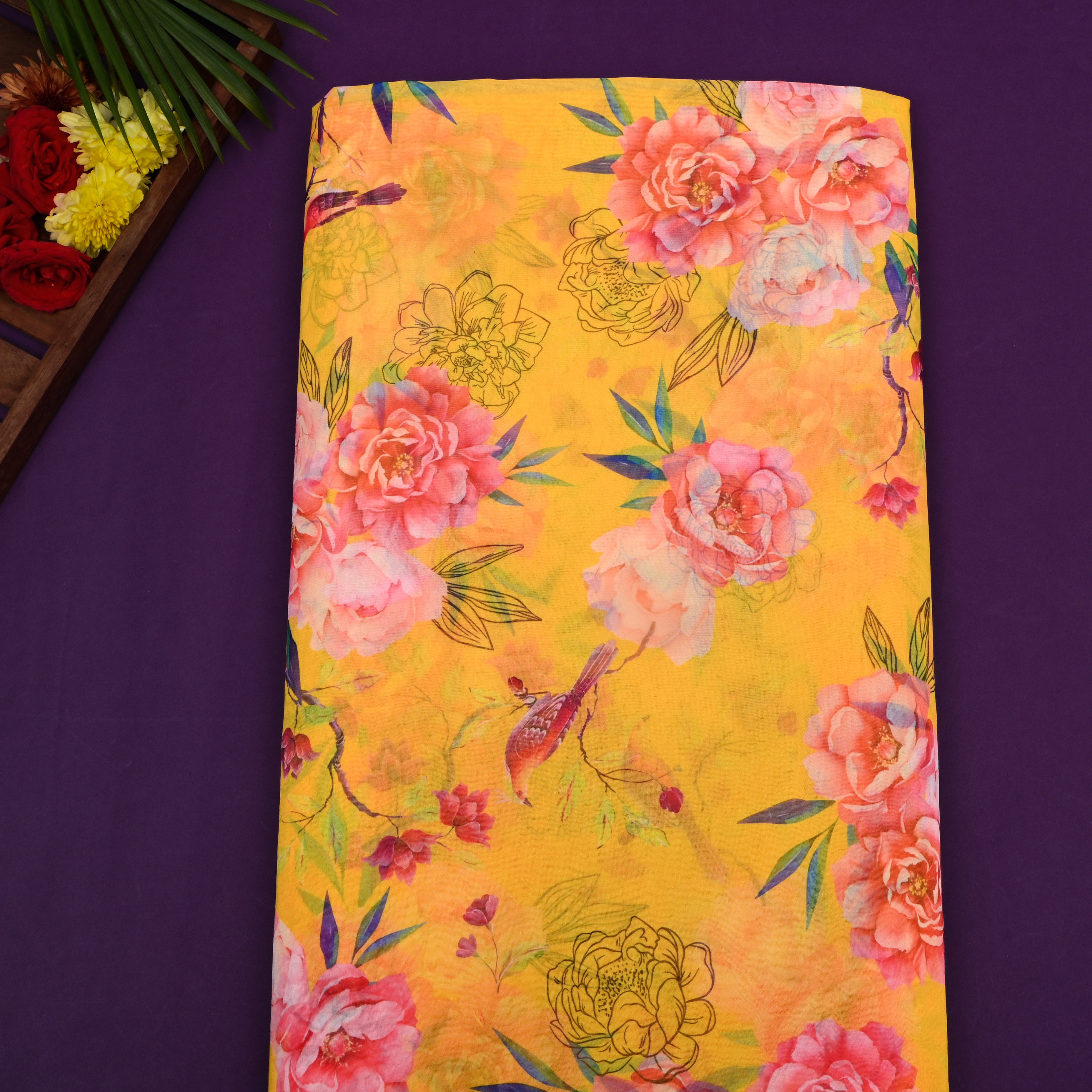 Mustard Yellow Floral Printed Organza Fabric