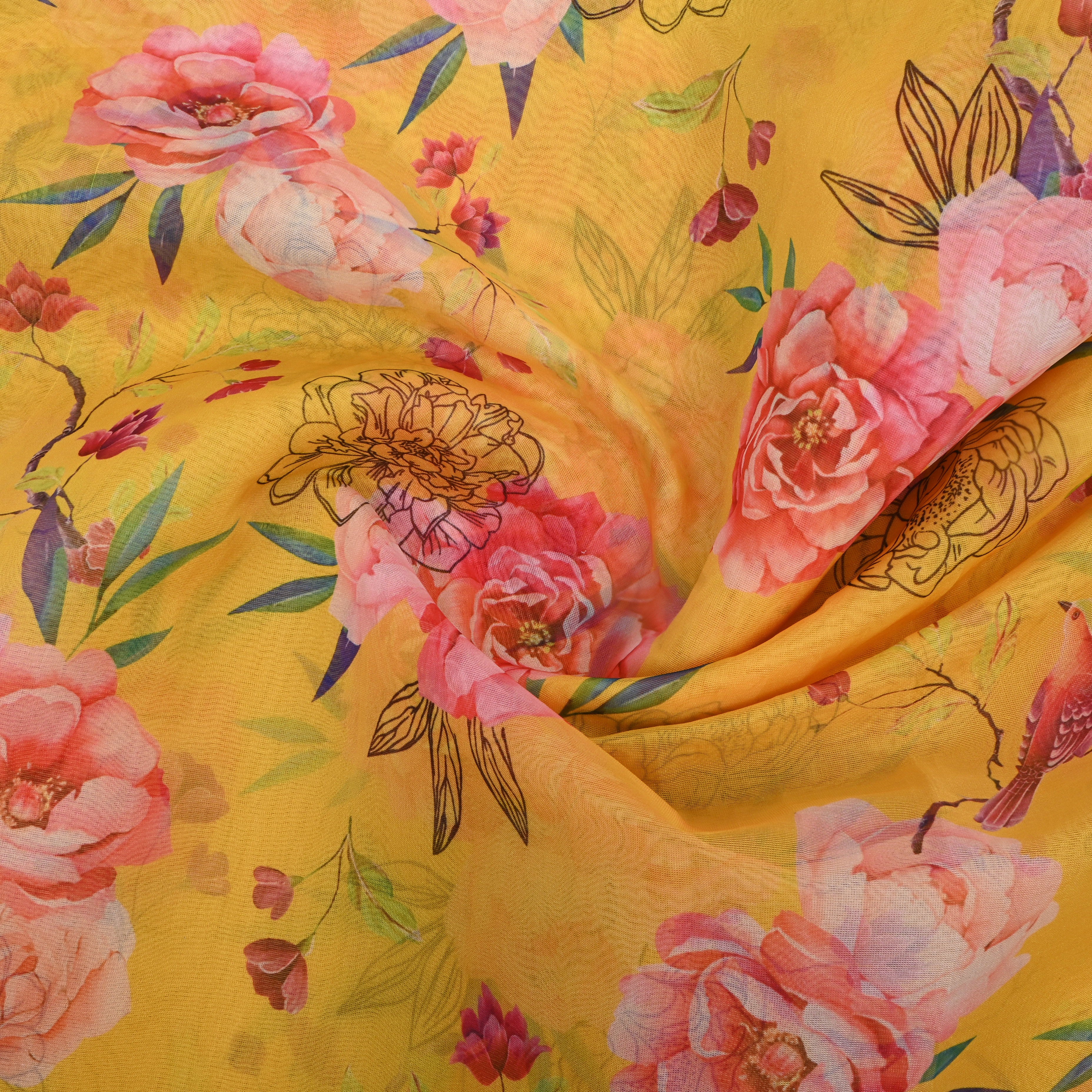 Bright Yellow Floral Printed Organza Fabric