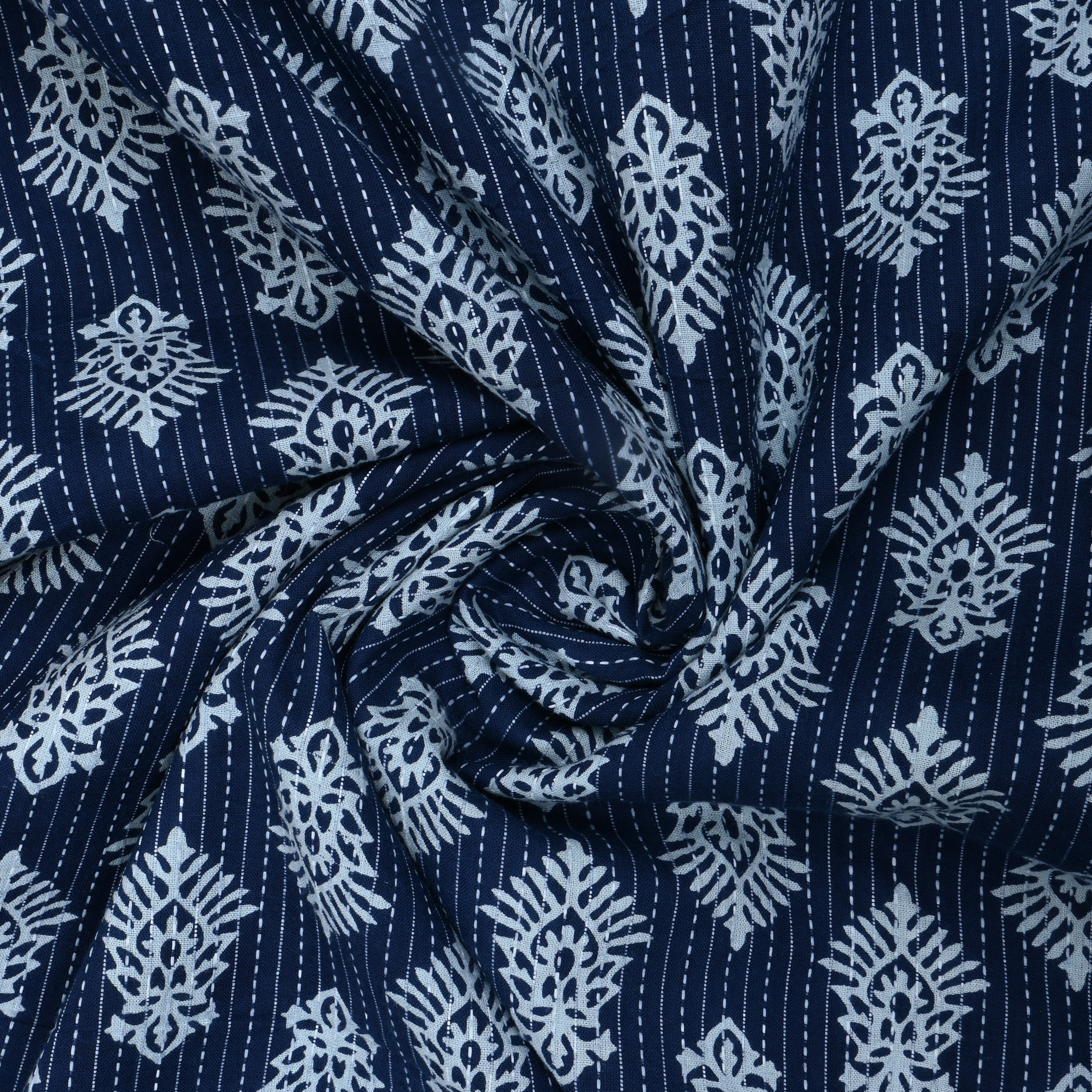 Navy Blue Floral Printed Cotton Fabric