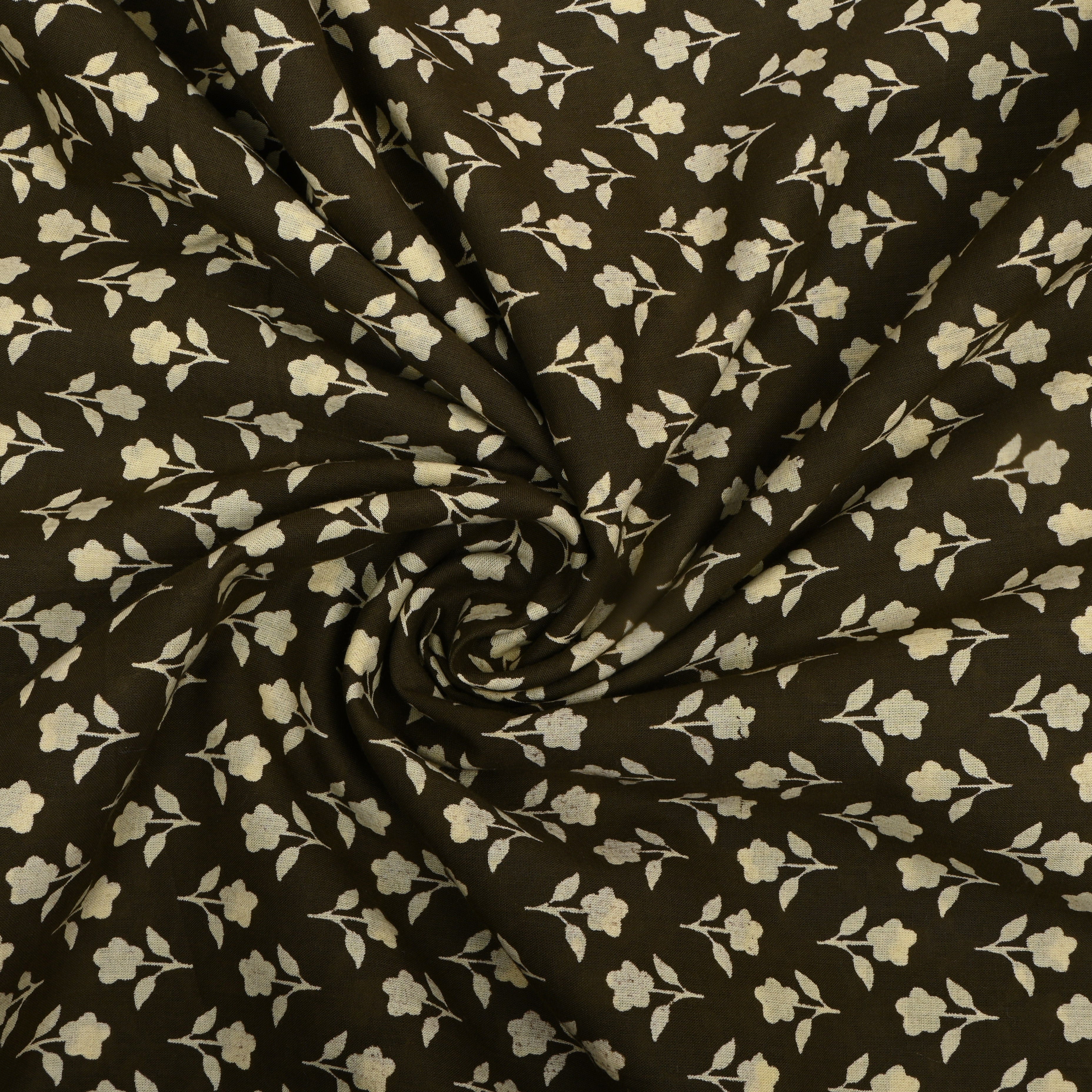 Dark Olive Green Floral Printed Cotton Fabric