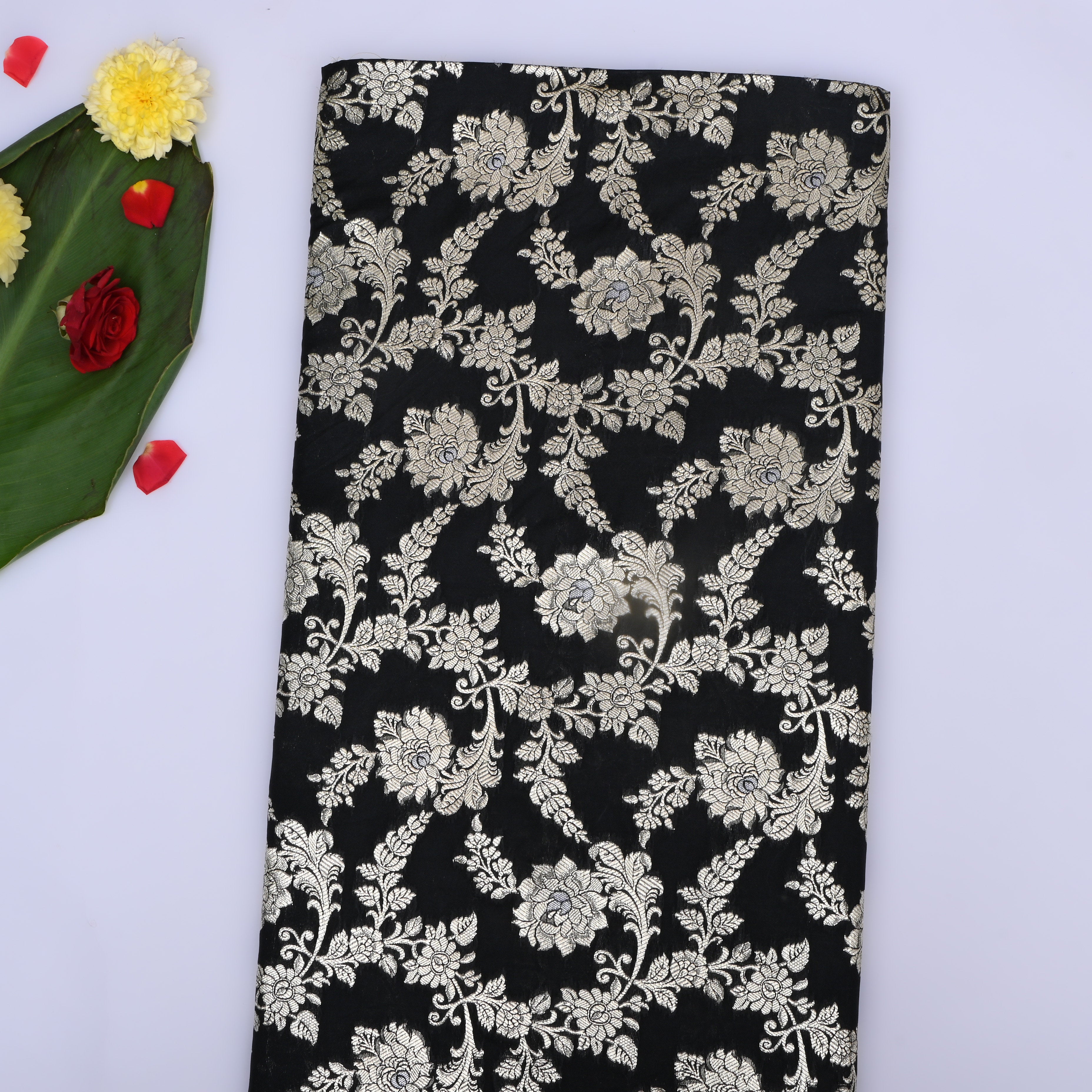 Black Floral Zari Woven Jamawar Silk Fabric
