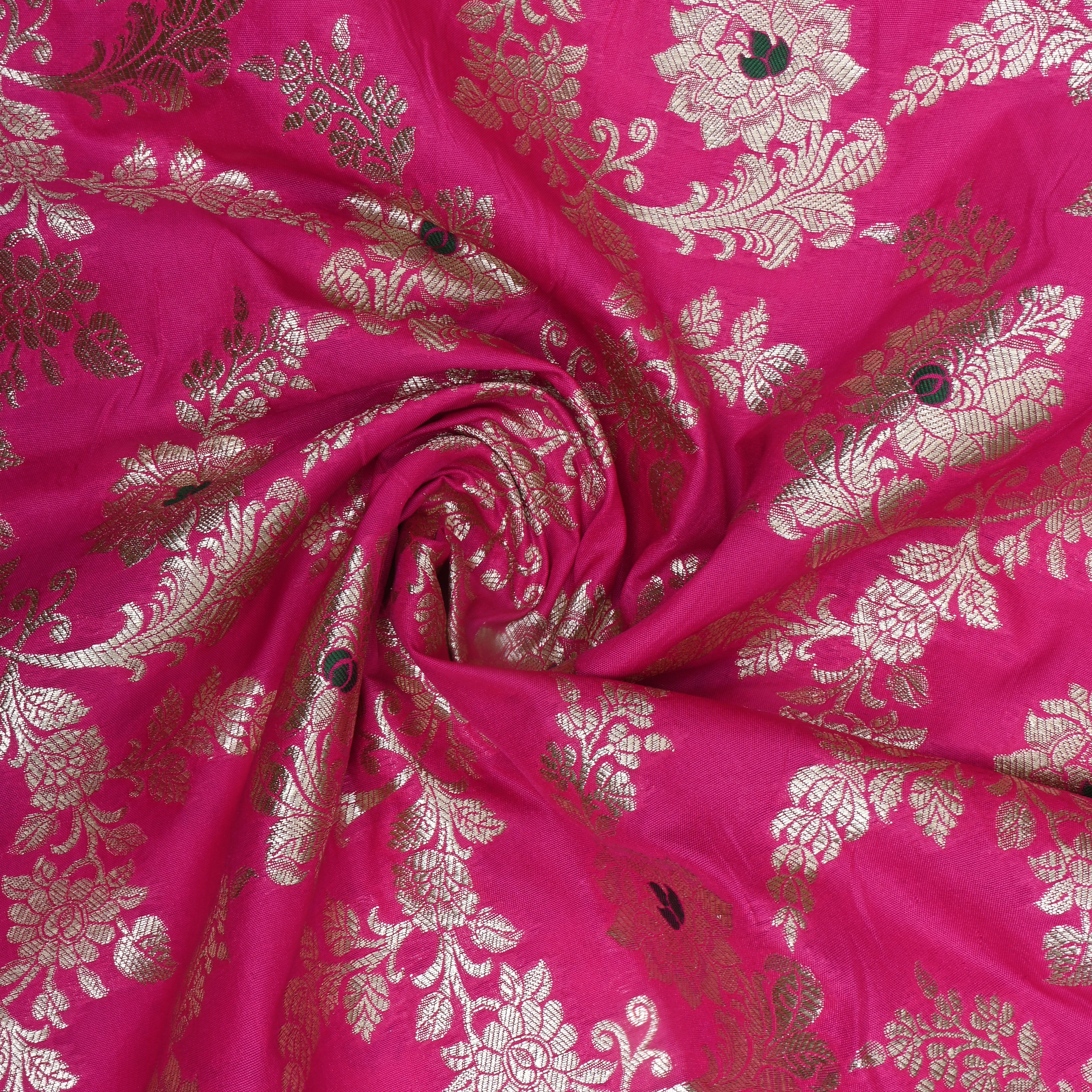 Hot Pink Floral Zari Woven Jamawar Silk Fabric