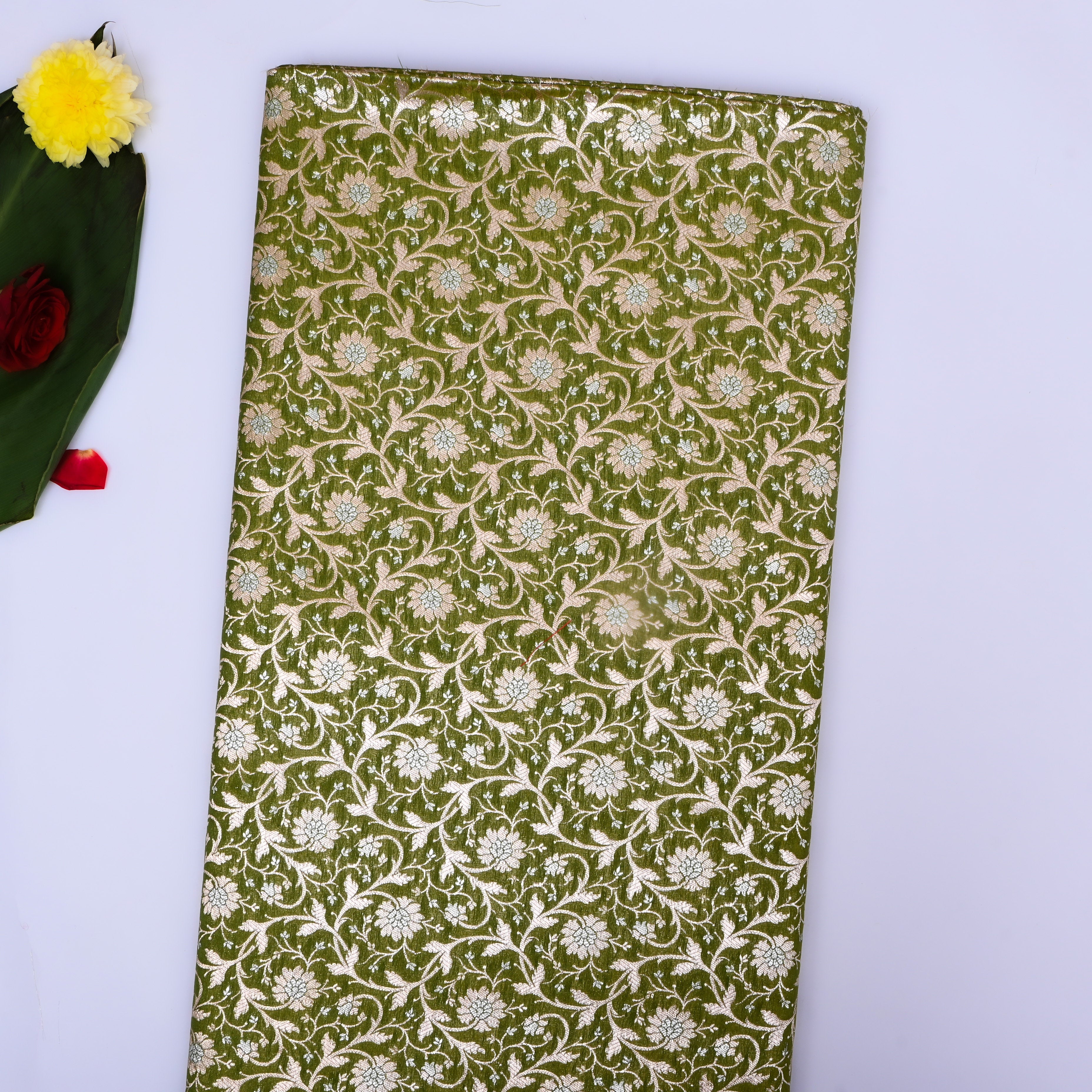 Moss Green Zari Weave Silk Fabric