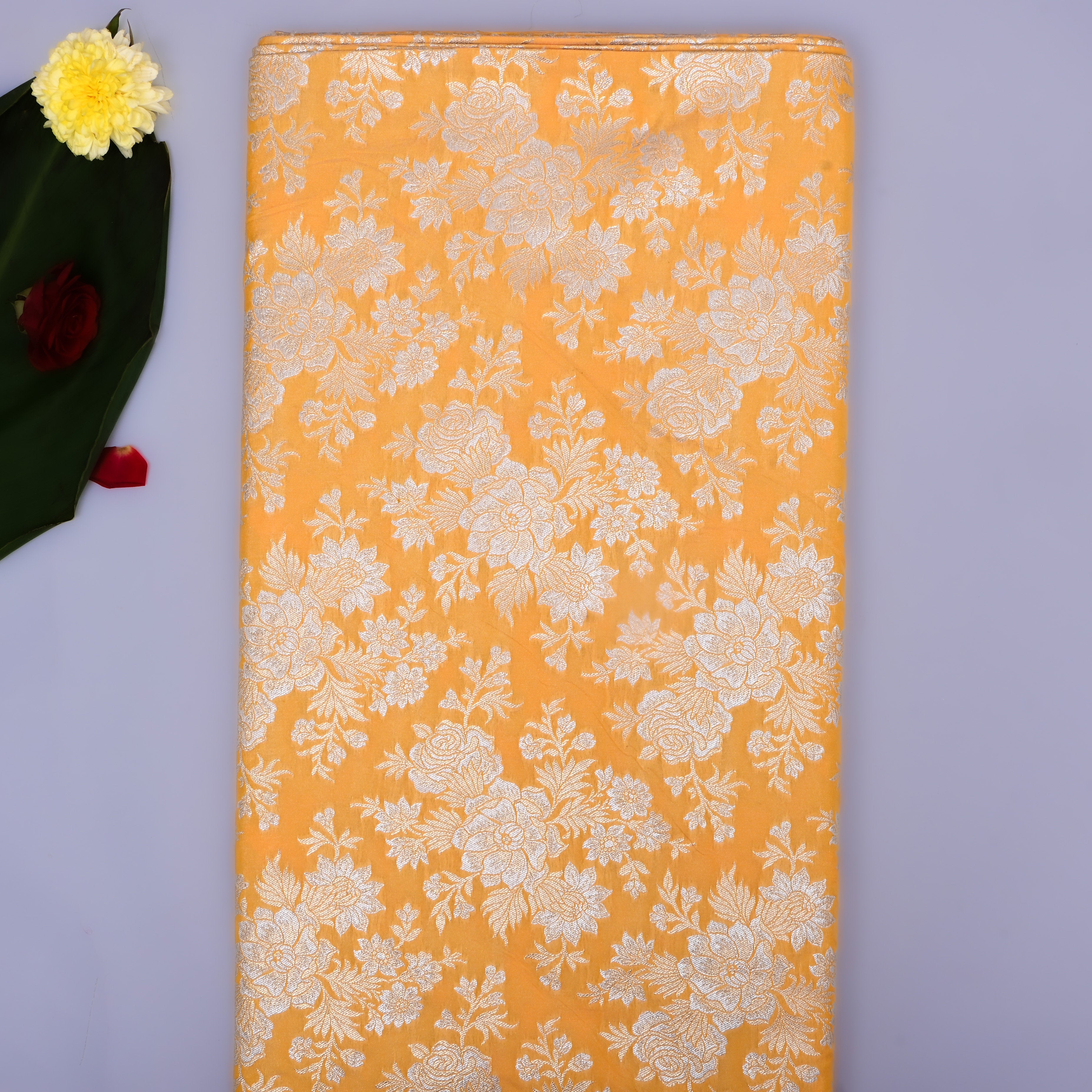 Bright Orange Floral Zari Woven Jamawar Silk Fabric