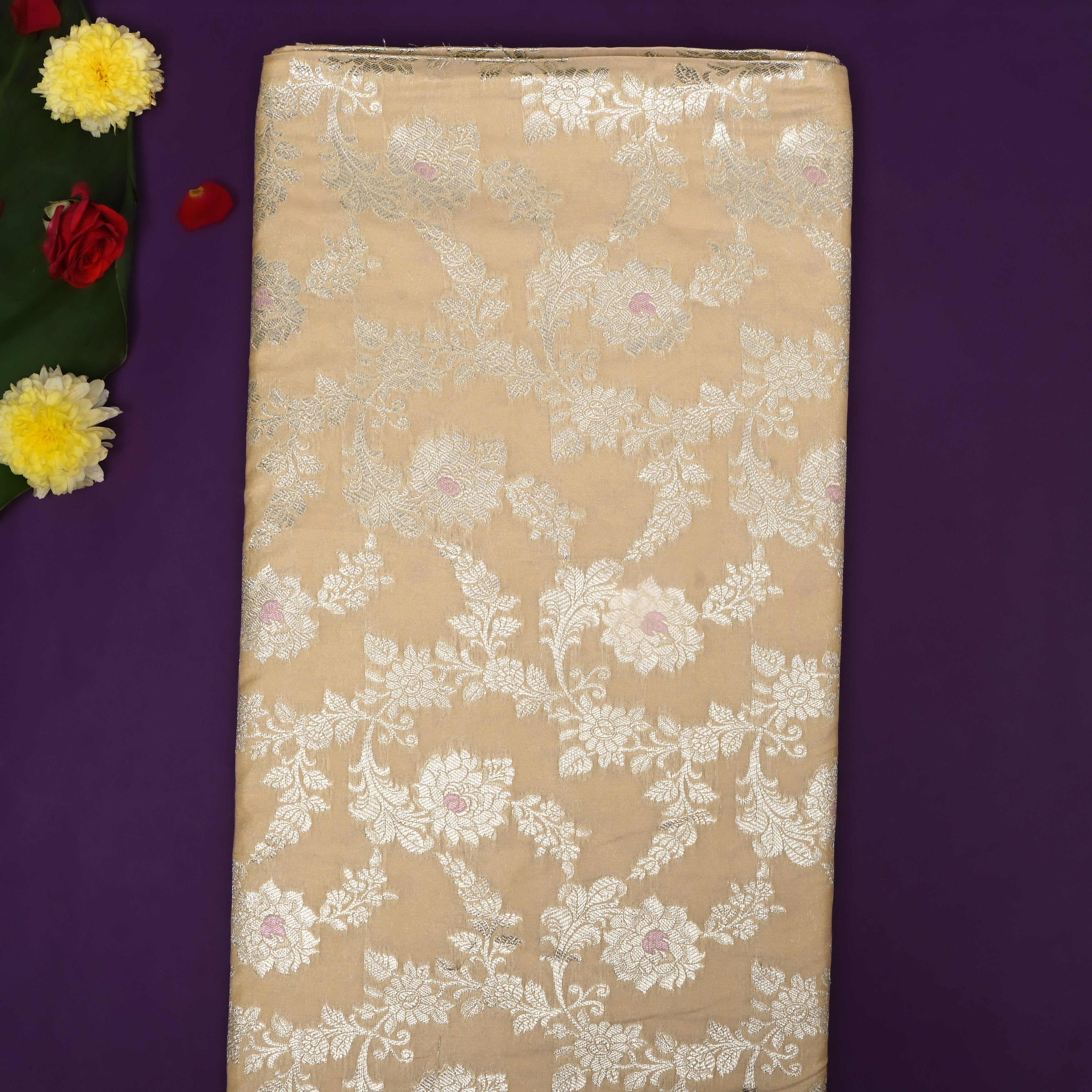 Beige Floral Zari Woven Jamawar Silk Fabric