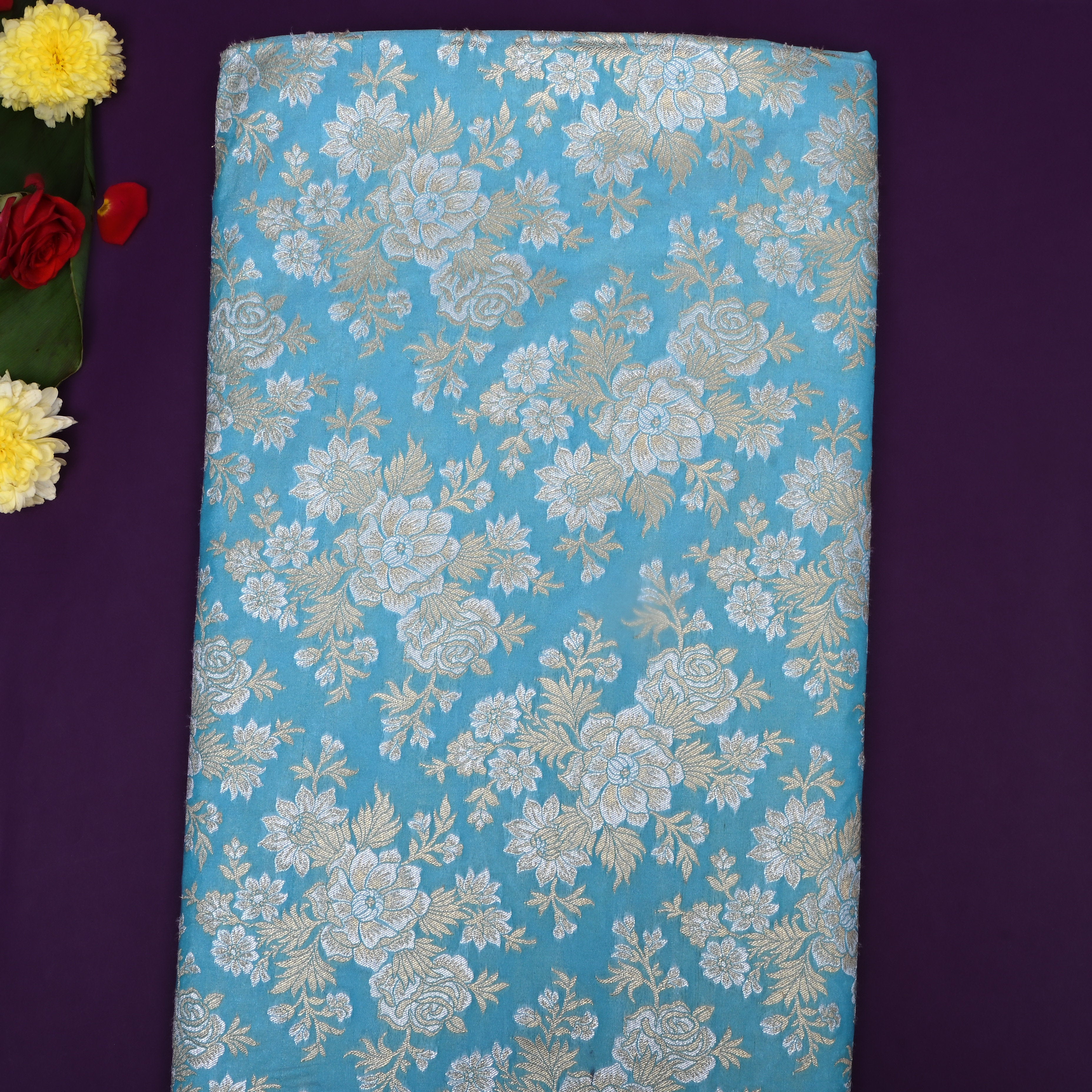 Sky Blue Floral Jamawar Silk Fabric