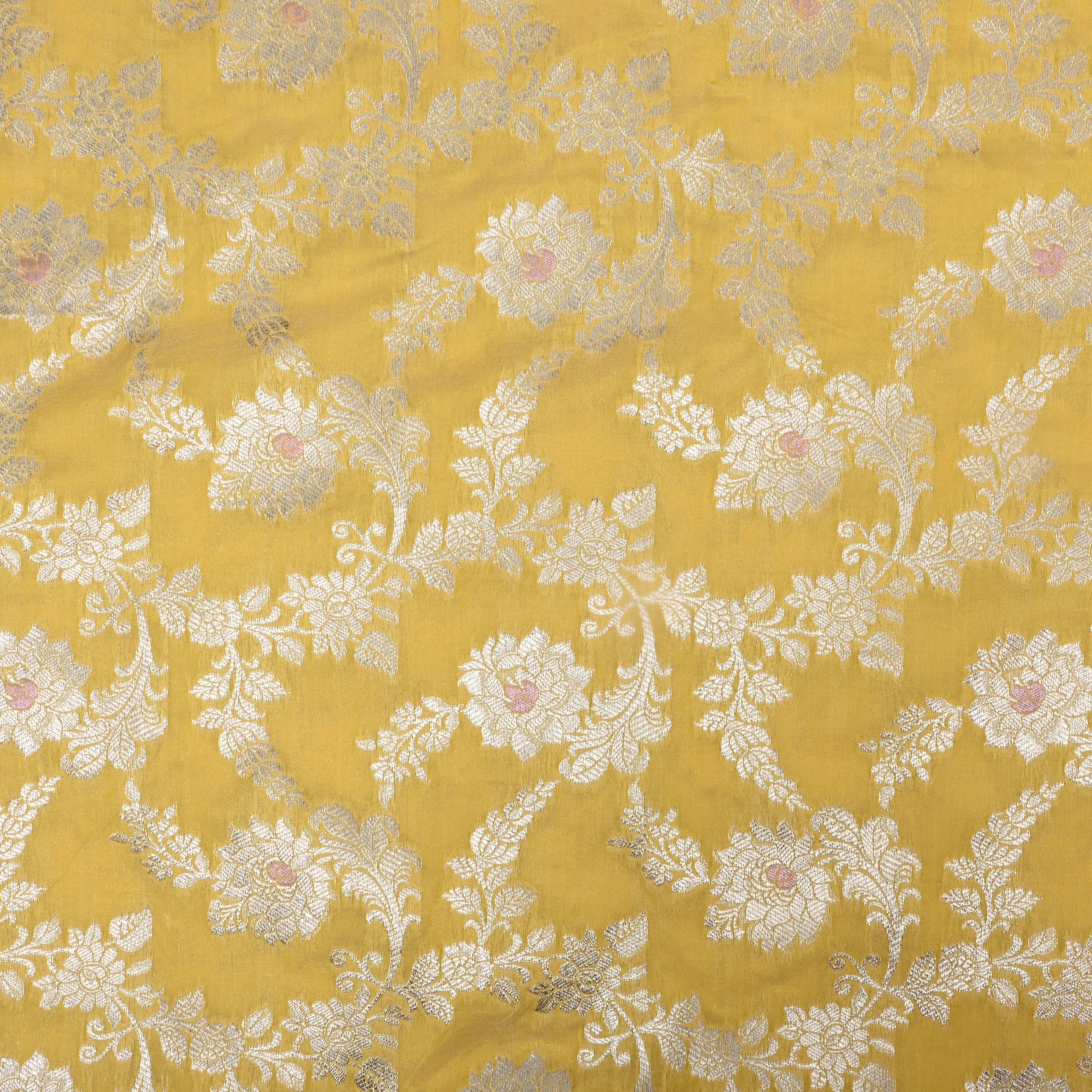 Muted Yellow Floral Zari Woven Jamawar Silk Fabric