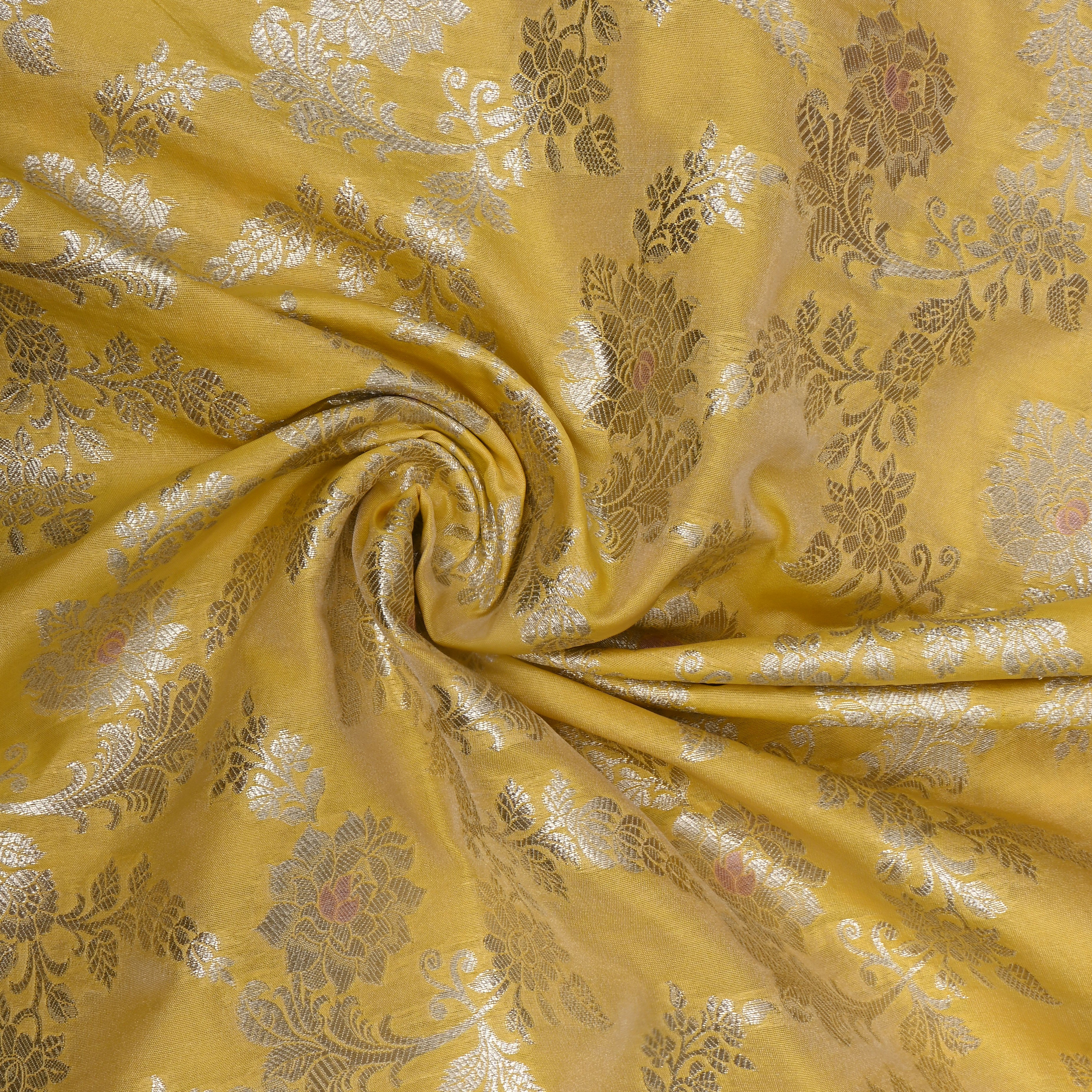 Muted Yellow Floral Zari Woven Jamawar Silk Fabric
