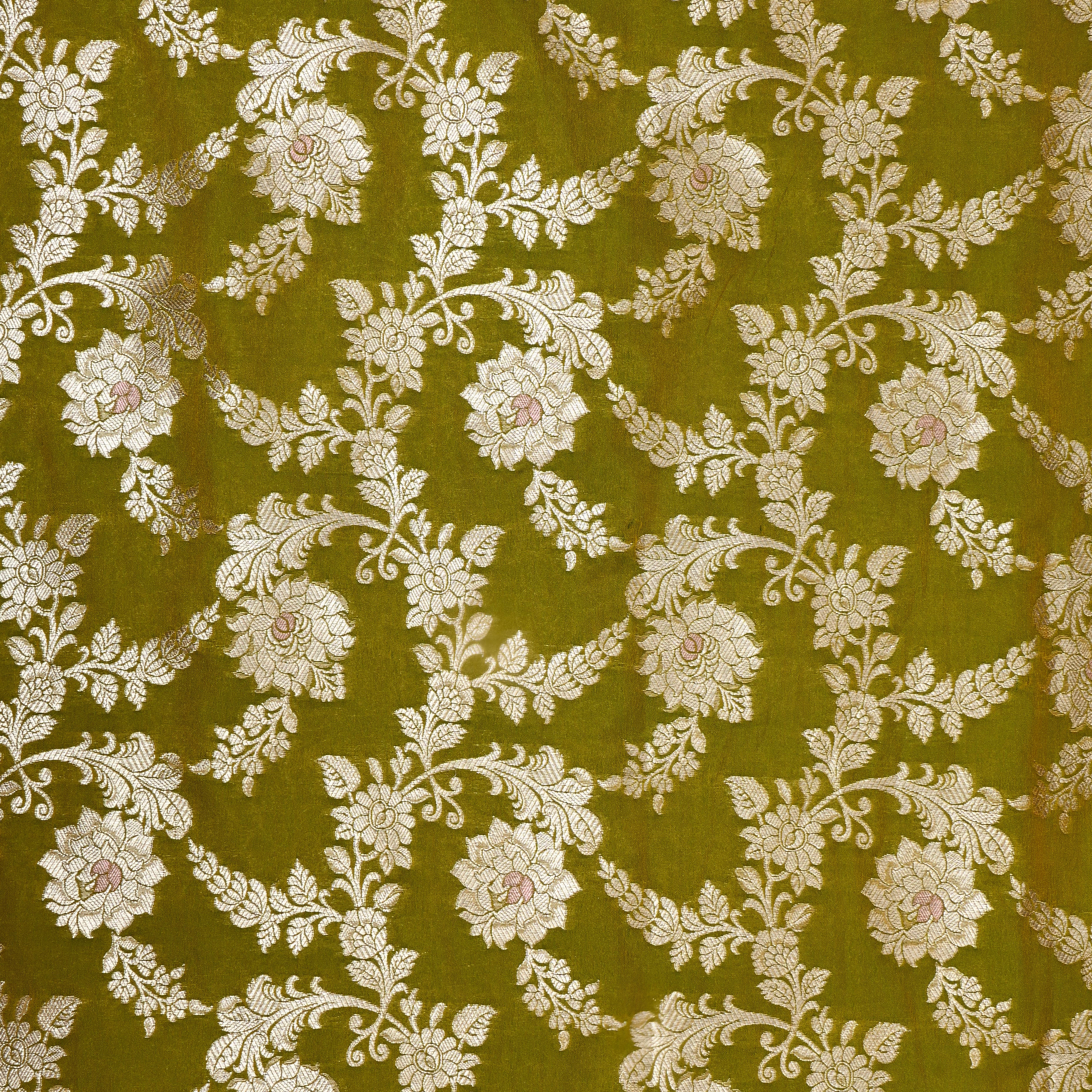 Mehendi Green Floral Zari Woven Jamawar Silk Fabric