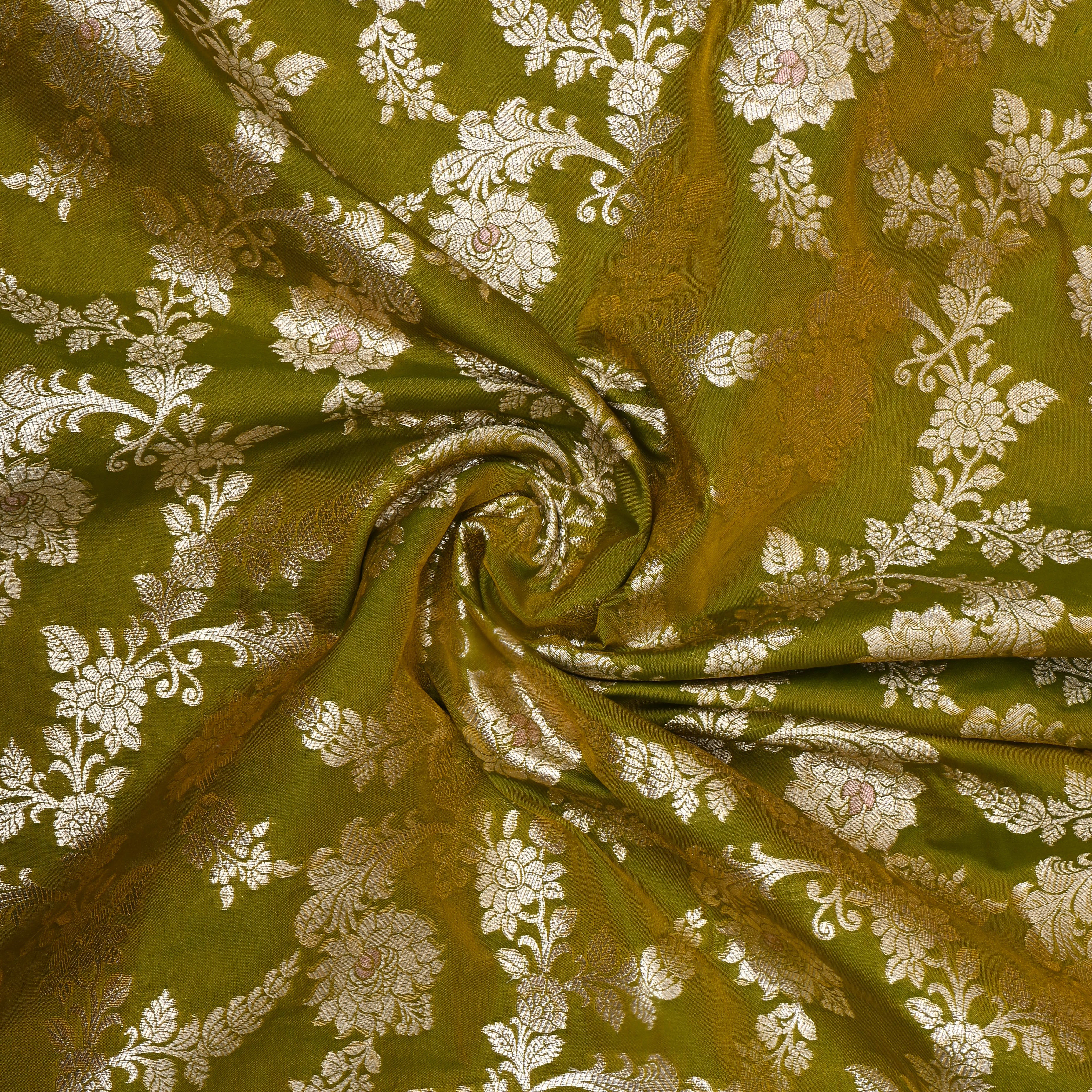 Mehendi Green Floral Zari Woven Jamawar Silk Fabric