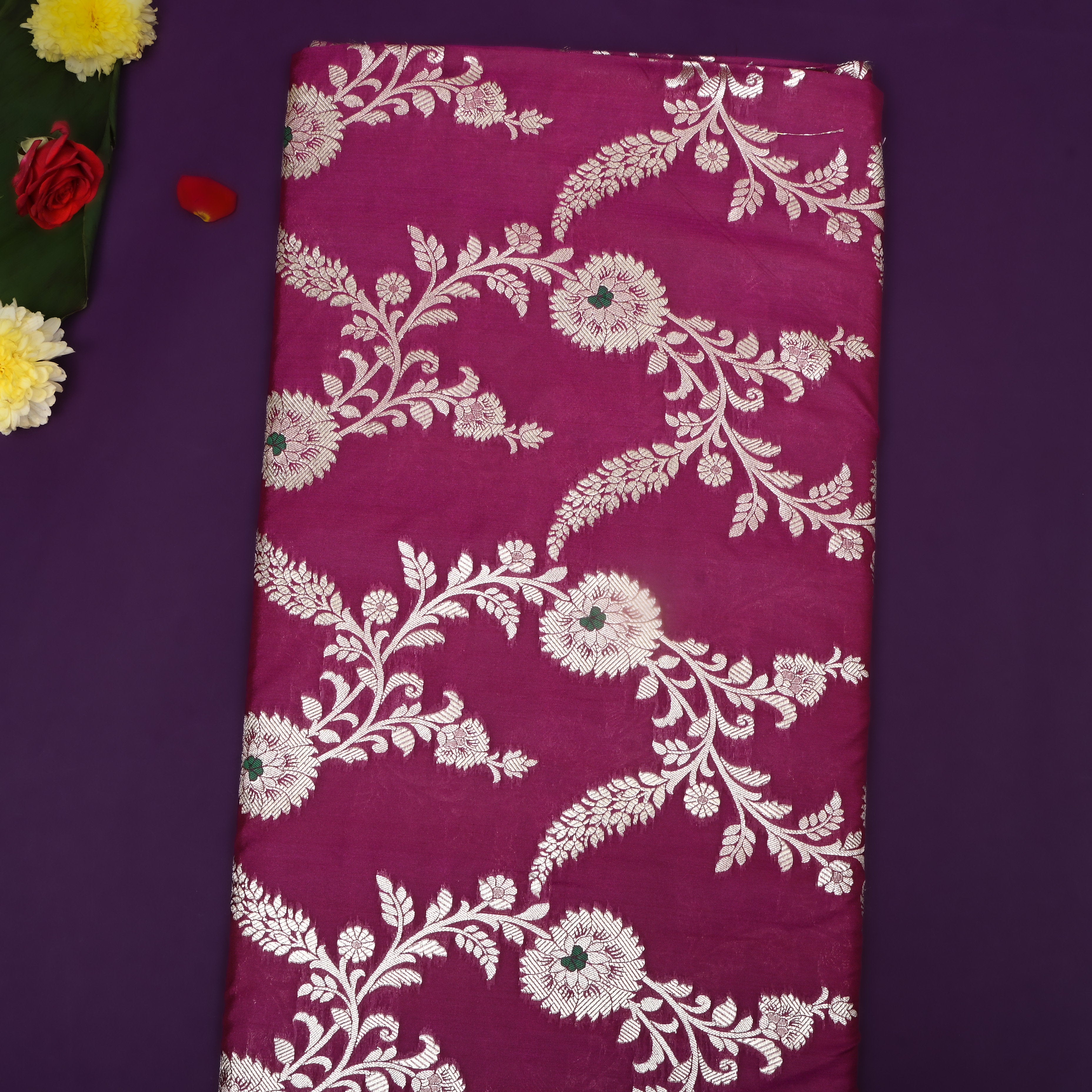 Magenta Purple Floral Zari Jamawar Silk Fabric