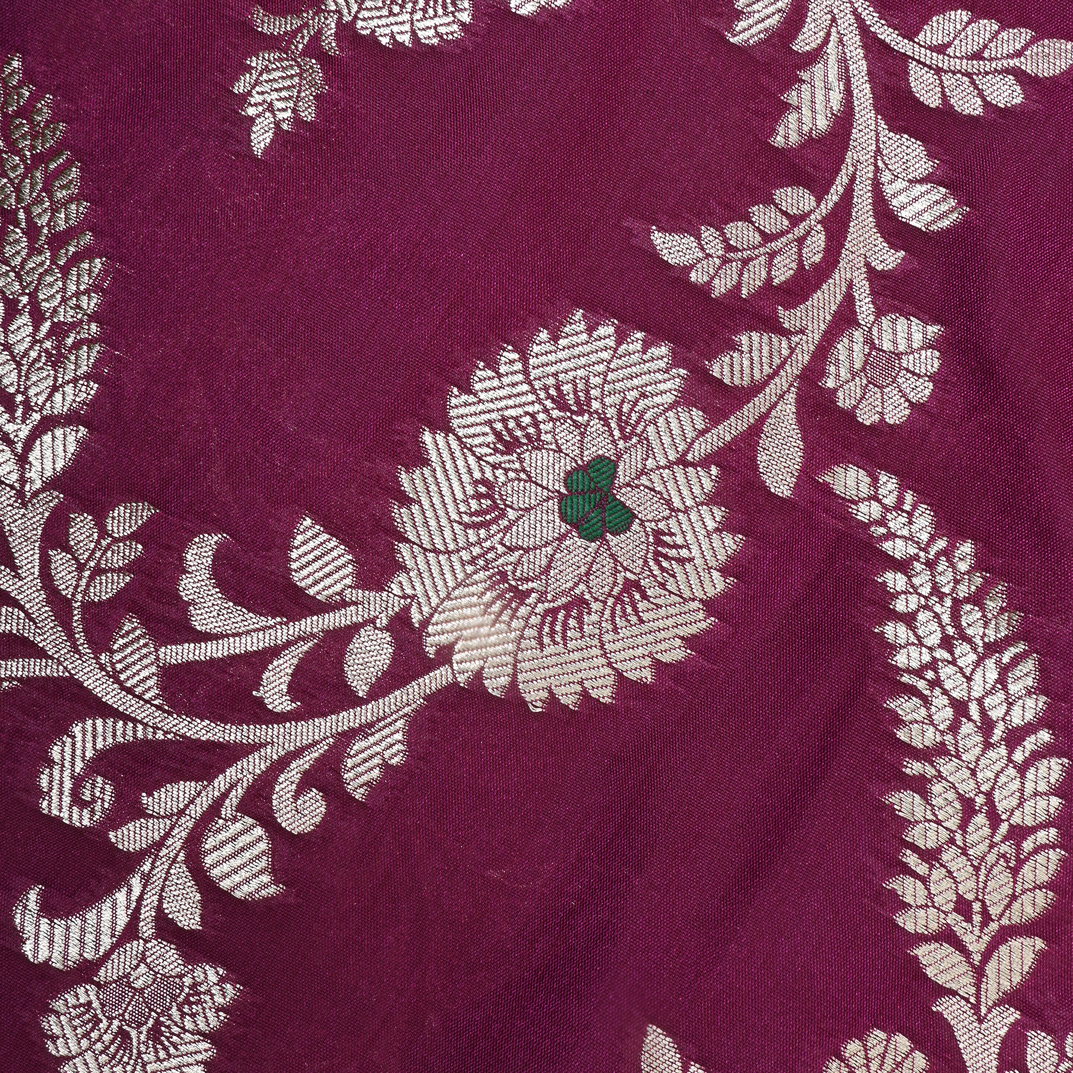 Magenta Purple Floral Zari Jamawar Silk Fabric