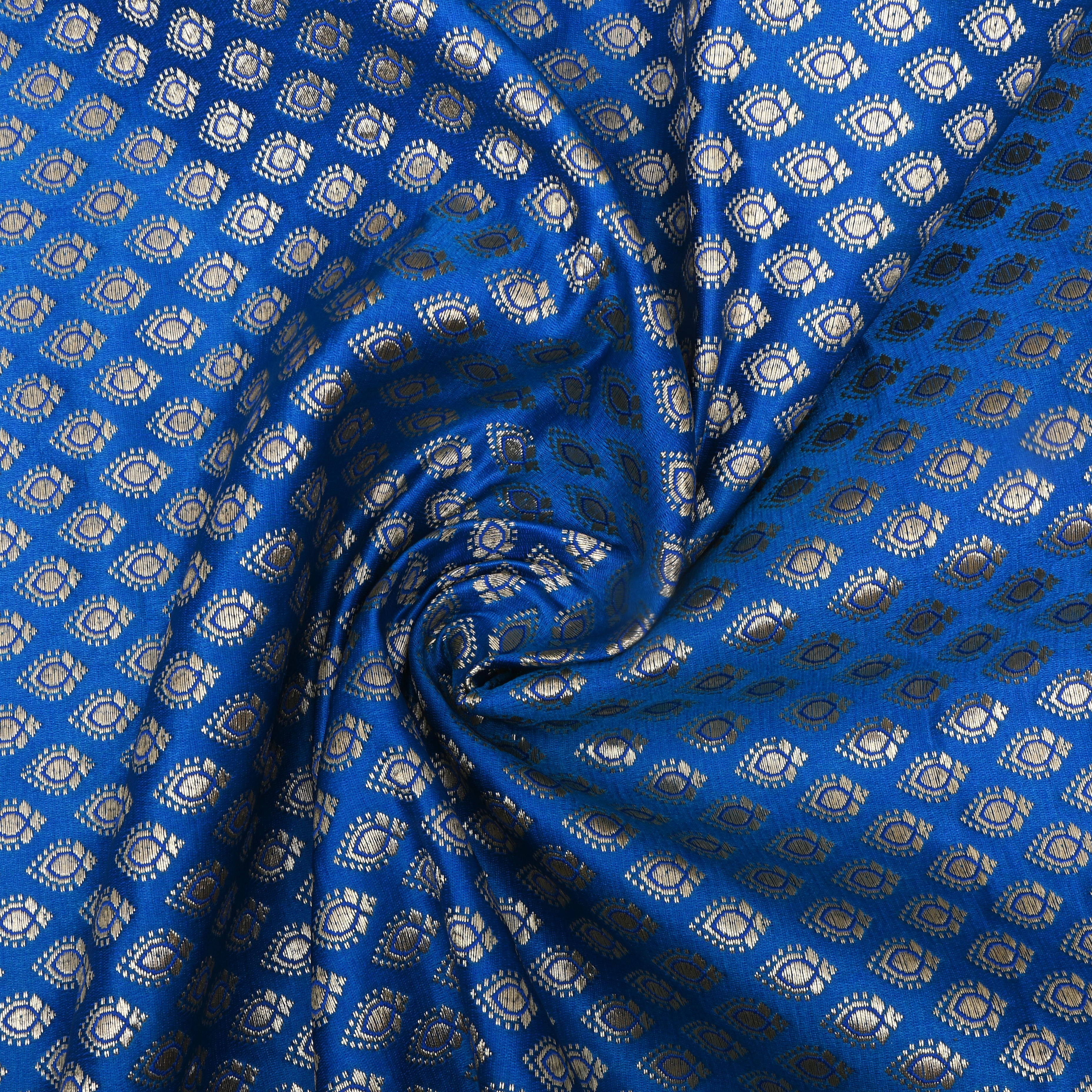 Azure Blue Floral Jamawar Satin Fabric