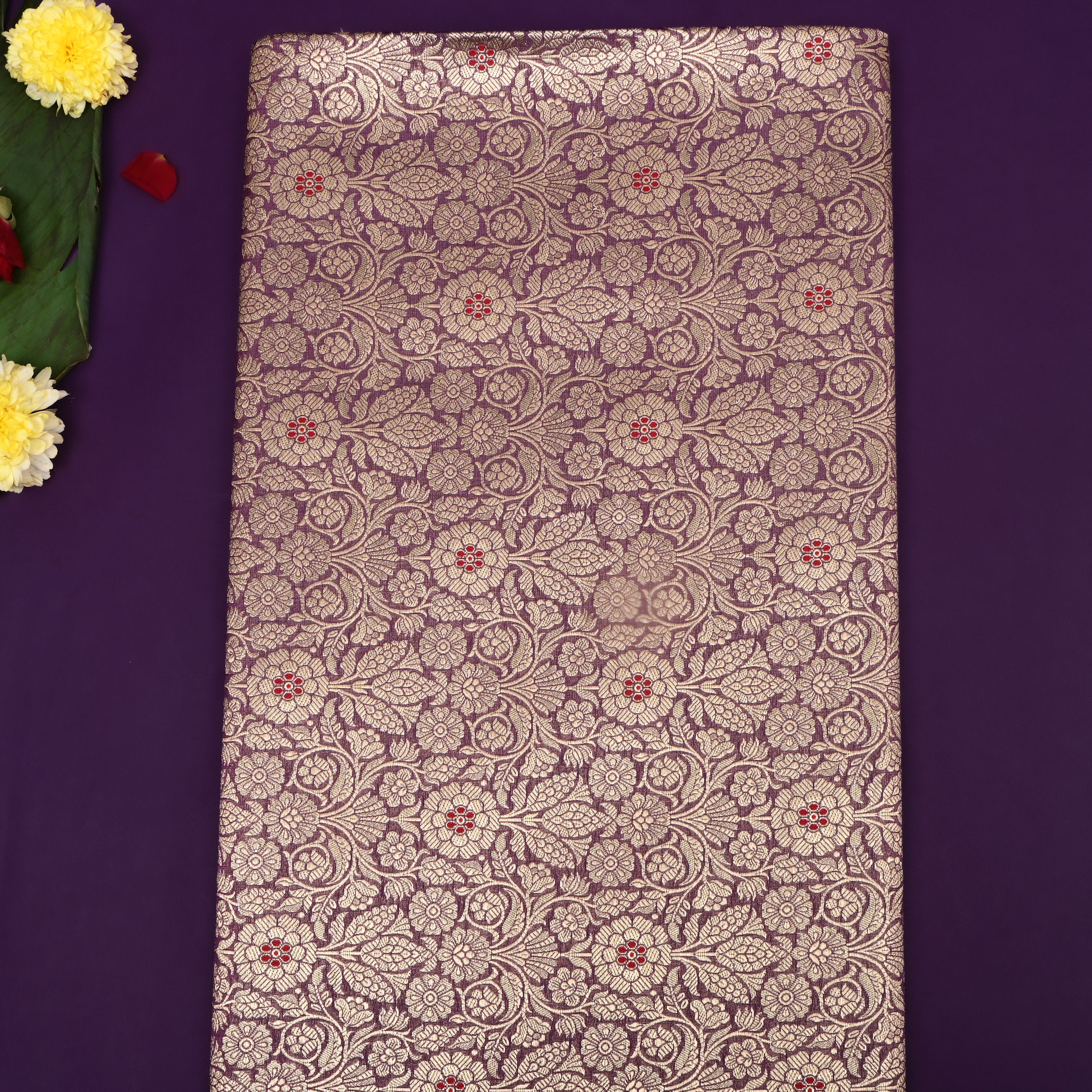 Rich Purple Floral Jamawar Silk Fabric