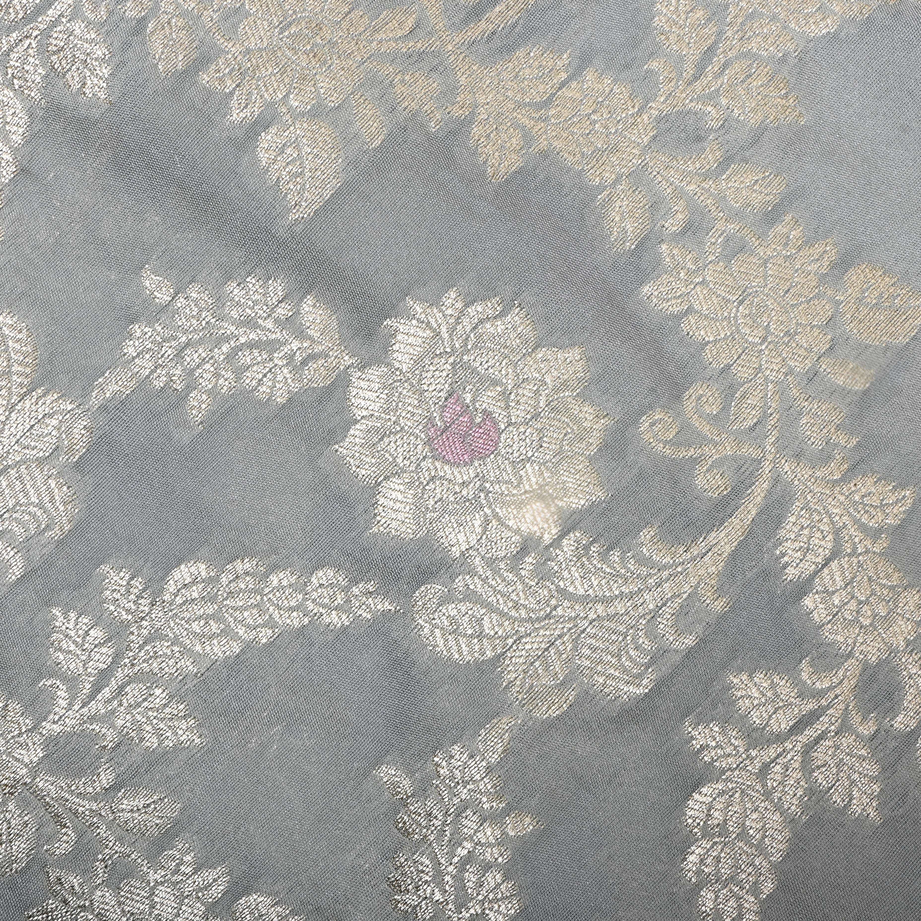 Ash Grey Floral Zari Woven Jamawar Silk Fabric