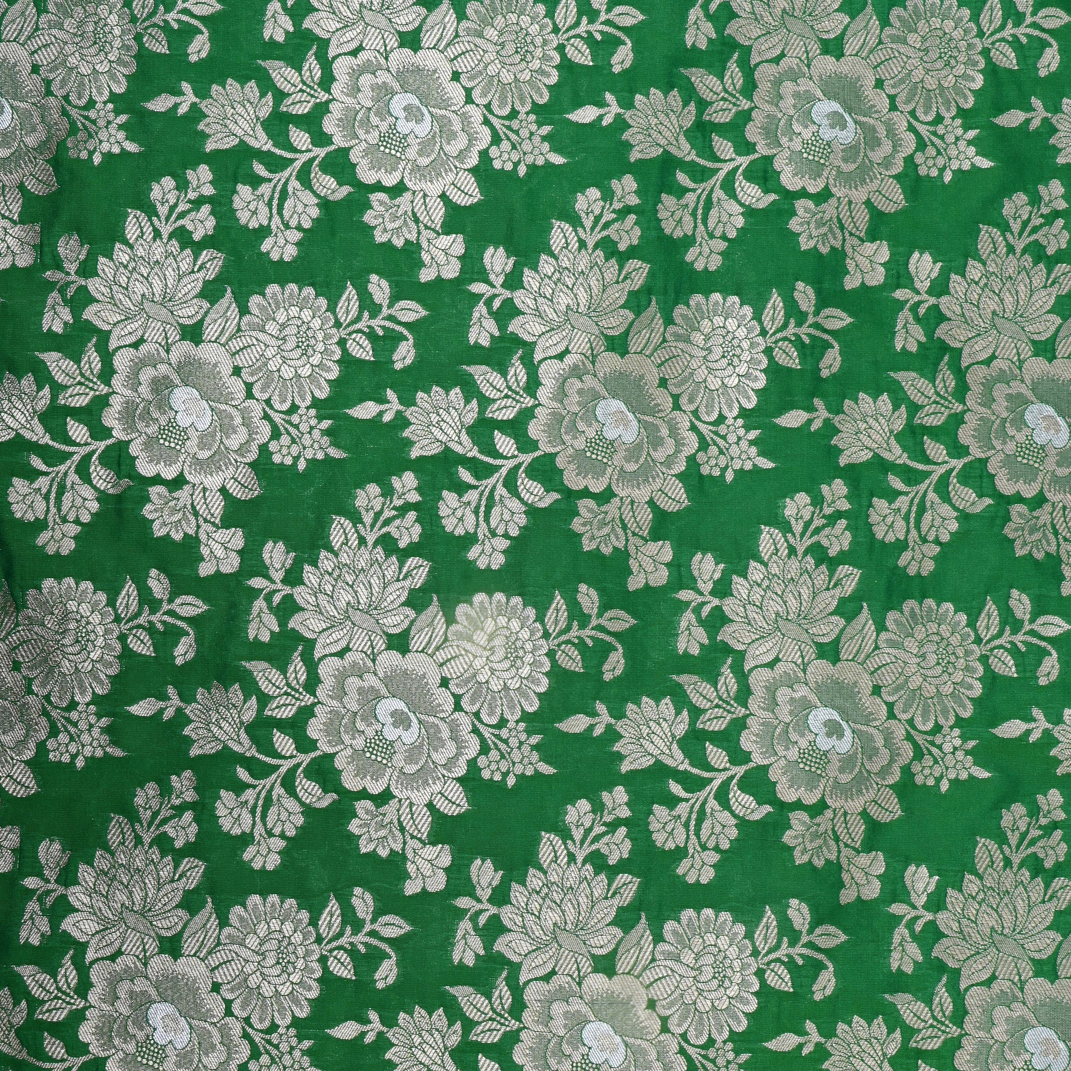 Dark Mint Green Floral Jamawar Silk Fabric