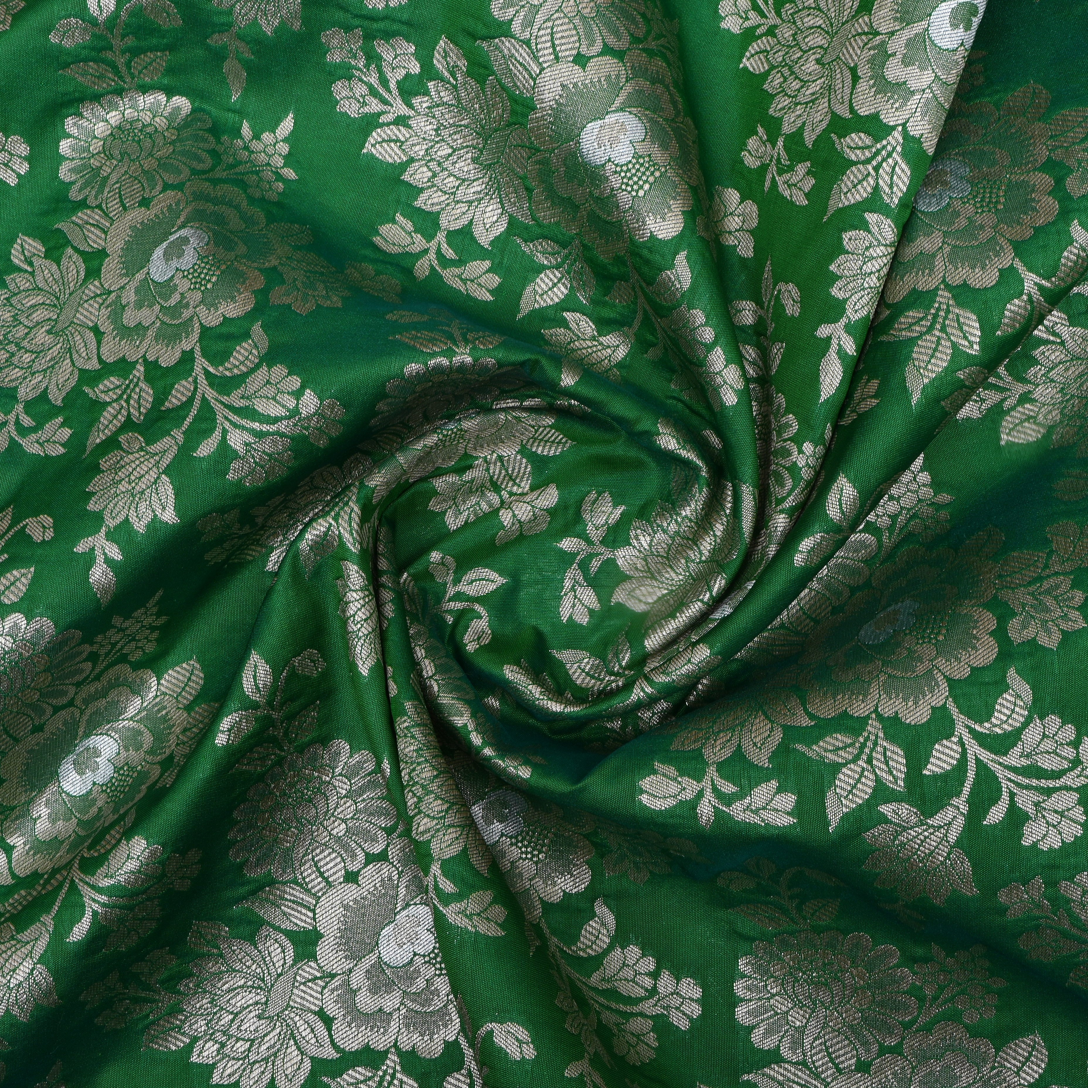 Dark Mint Green Floral Jamawar Silk Fabric