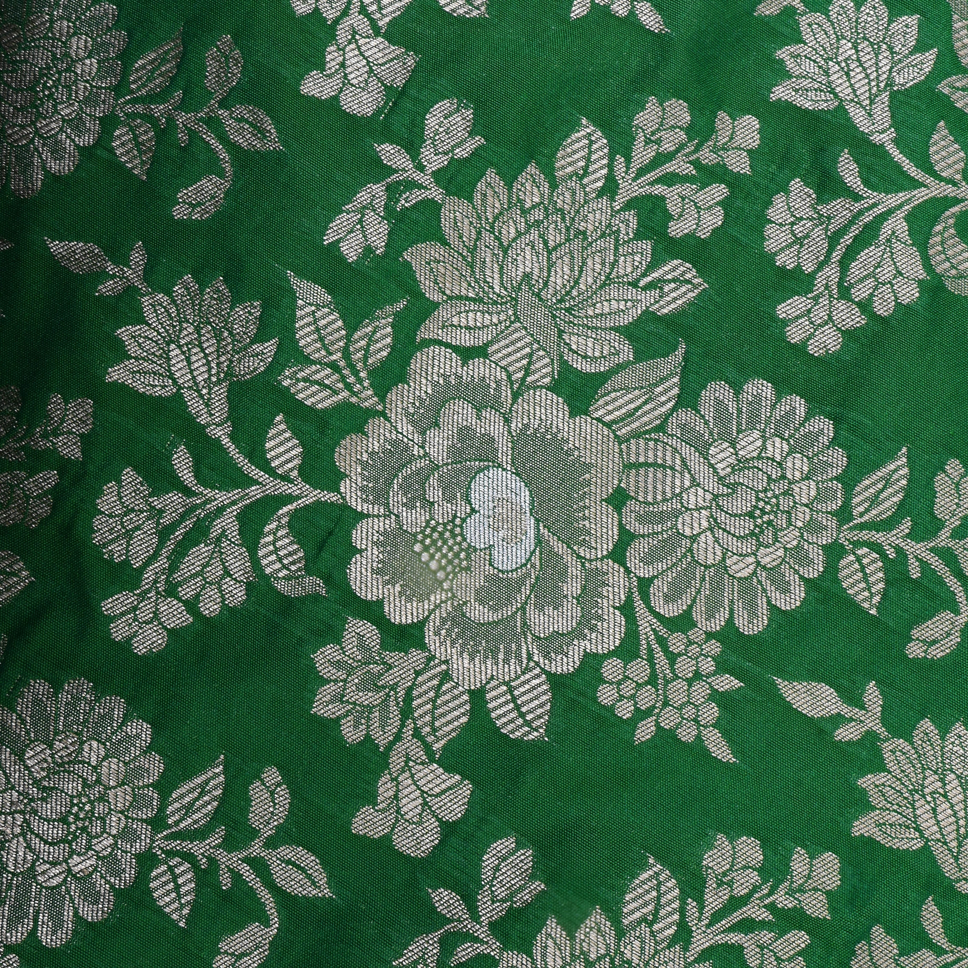 Dark Mint Green Floral Jamawar Silk Fabric