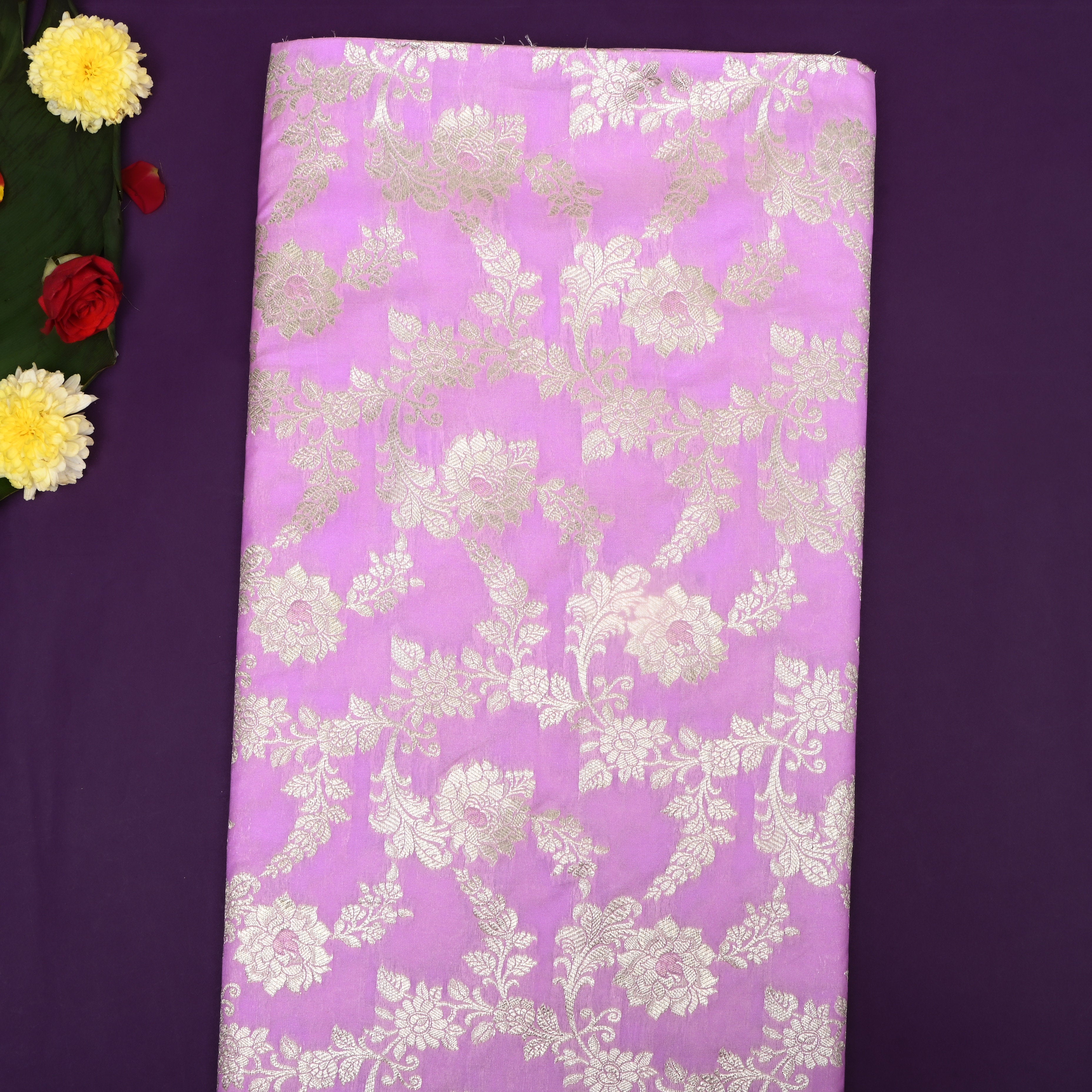 Rose Pink Floral Zari Jamawar Silk Fabric