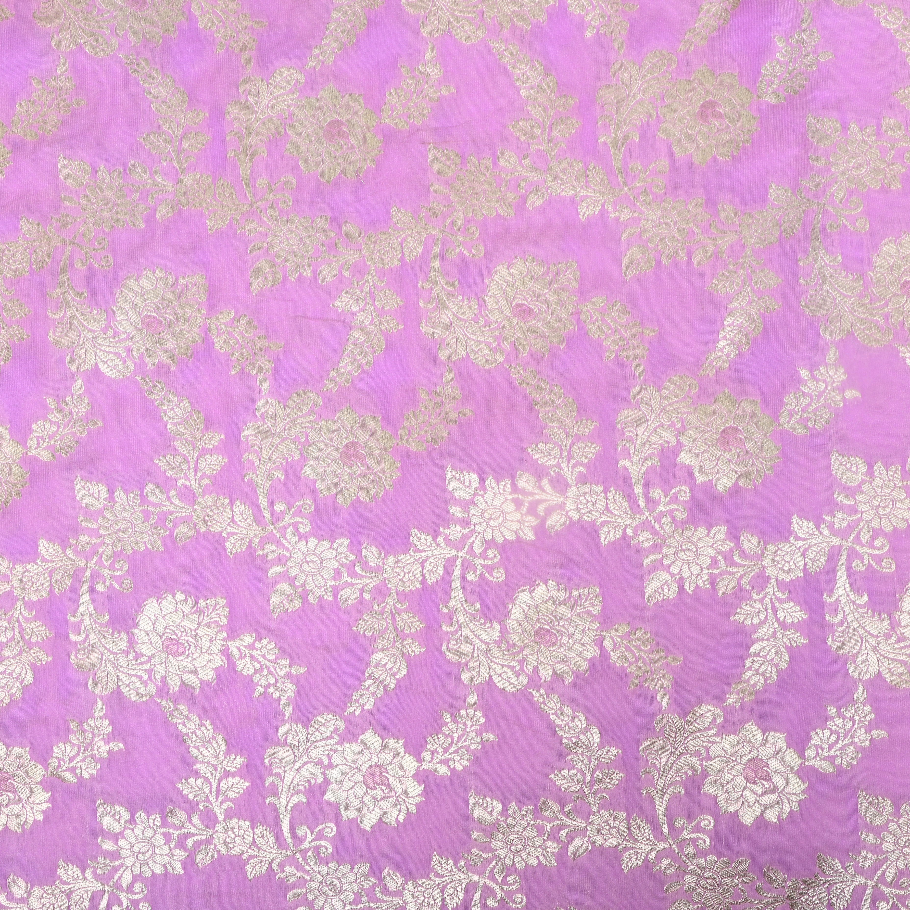 Rose Pink Floral Zari Jamawar Silk Fabric