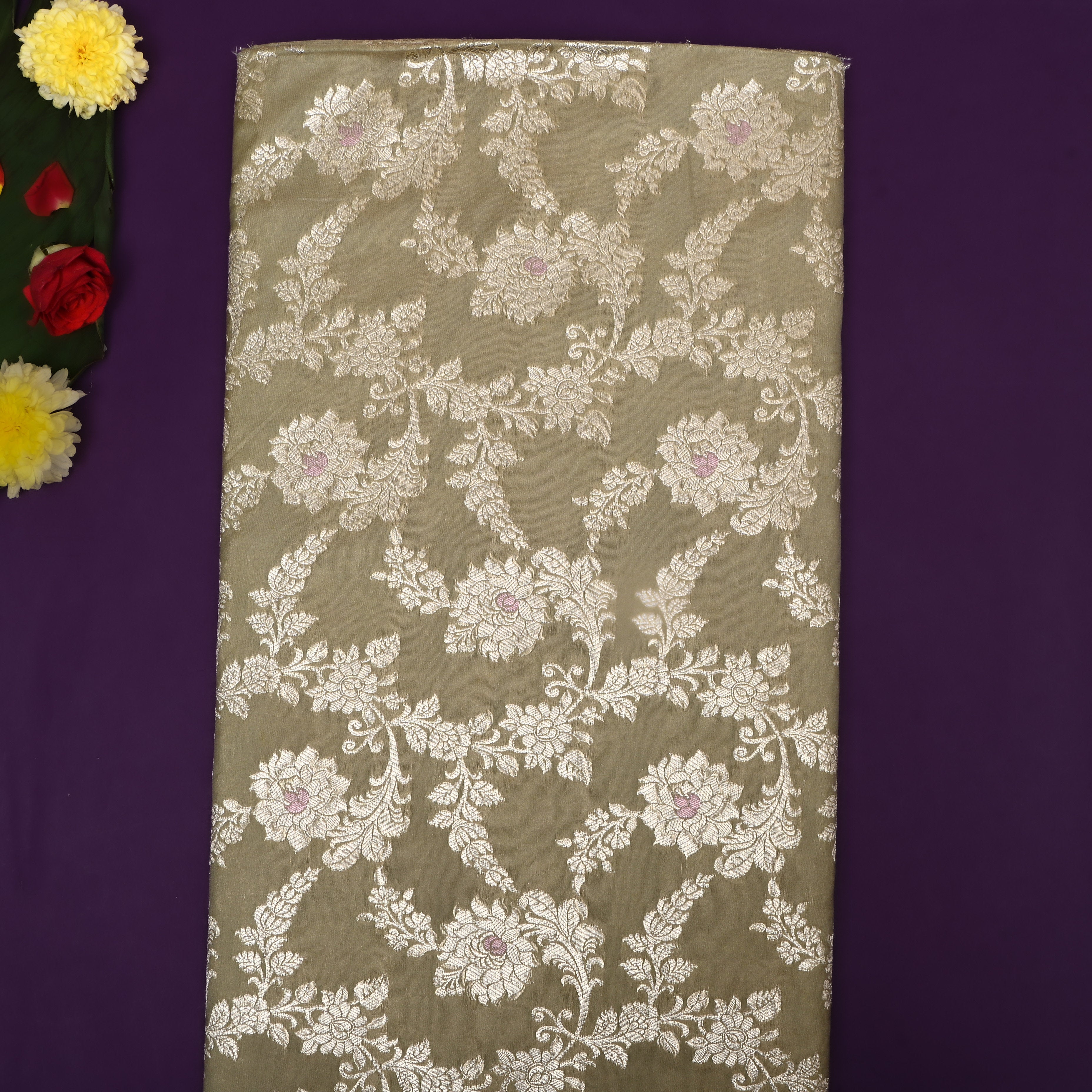 Earthy Brown Floral Zari Woven Jamawar Silk Fabric