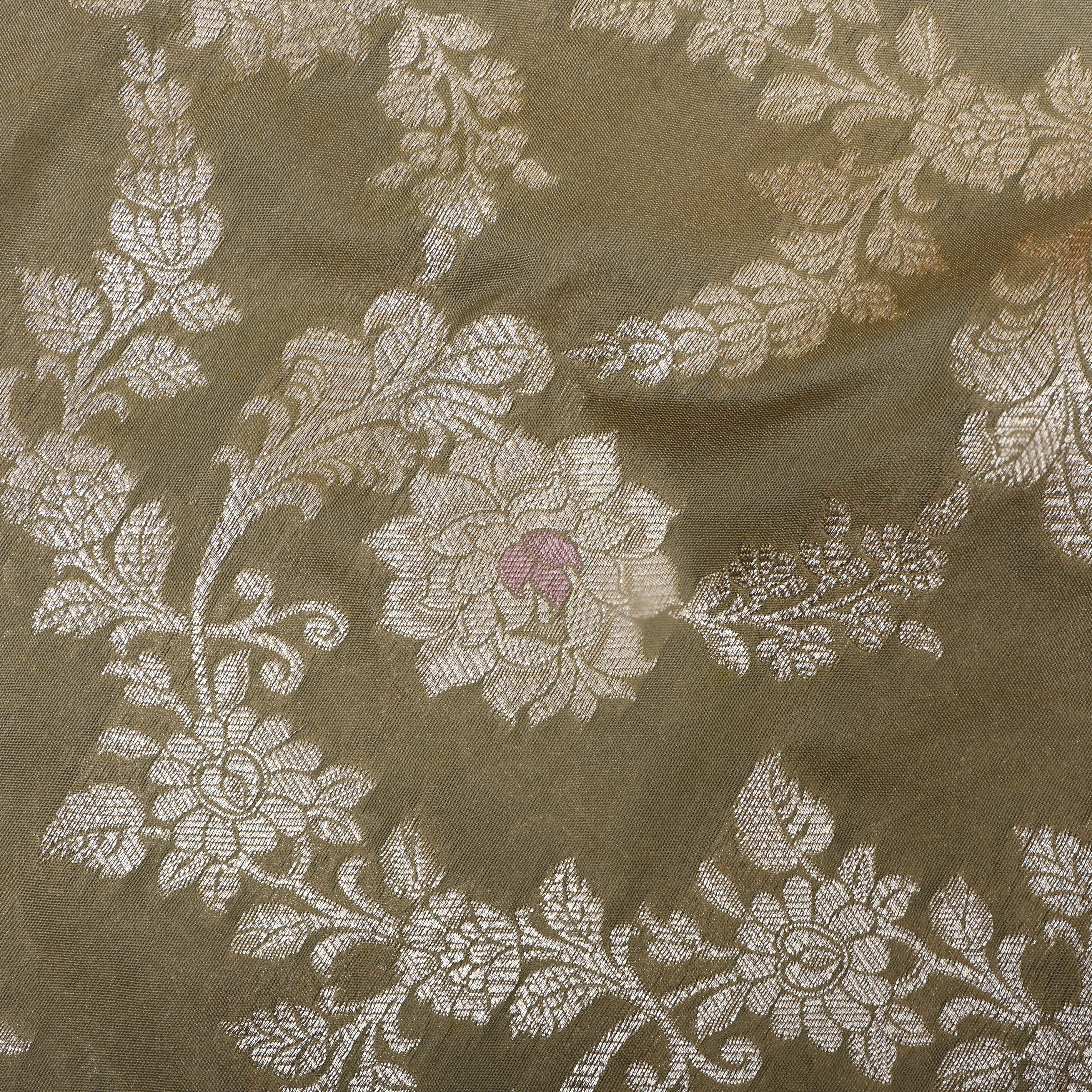 Earthy Brown Floral Zari Woven Jamawar Silk Fabric