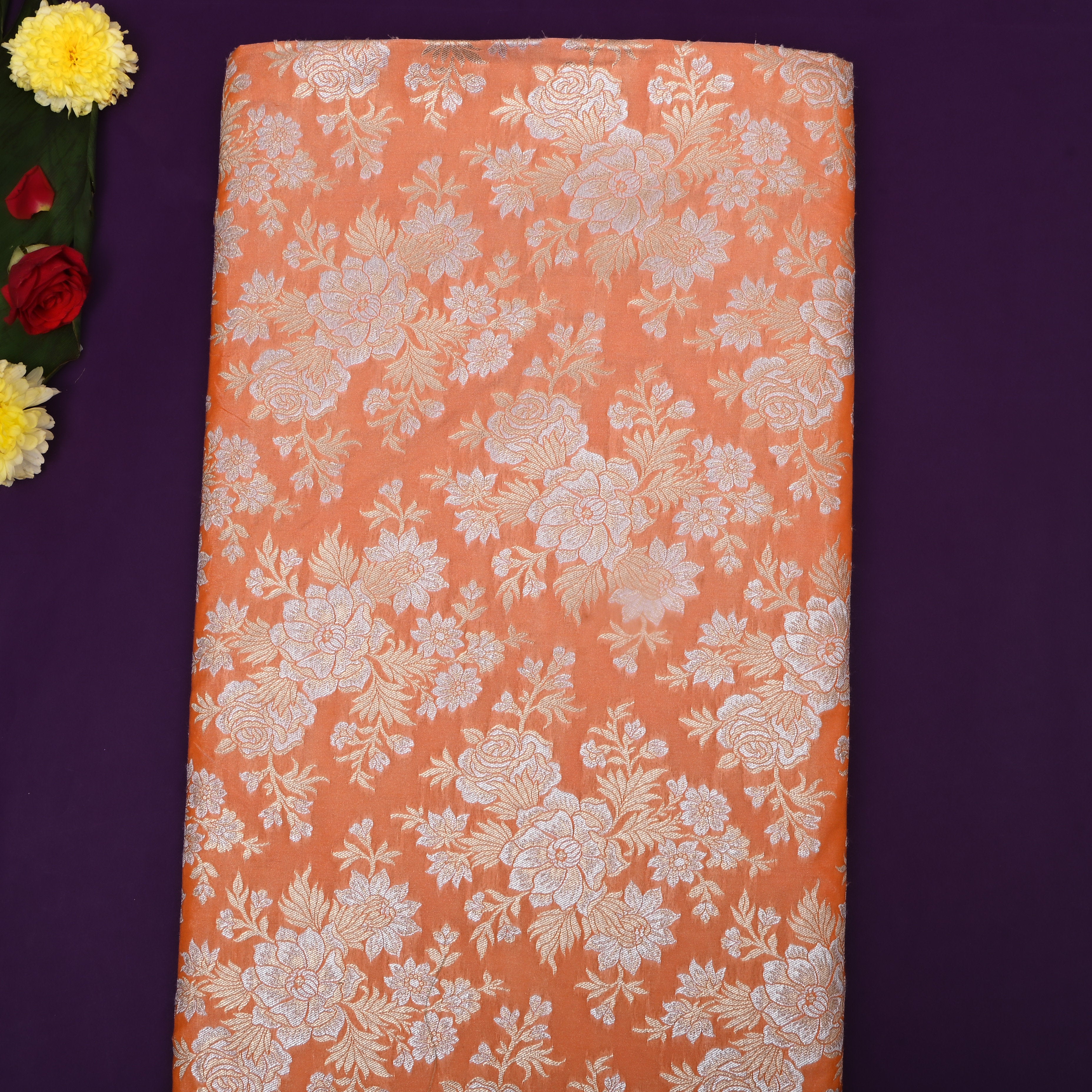 Orange Floral Zari Woven Jamawar Silk Fabric