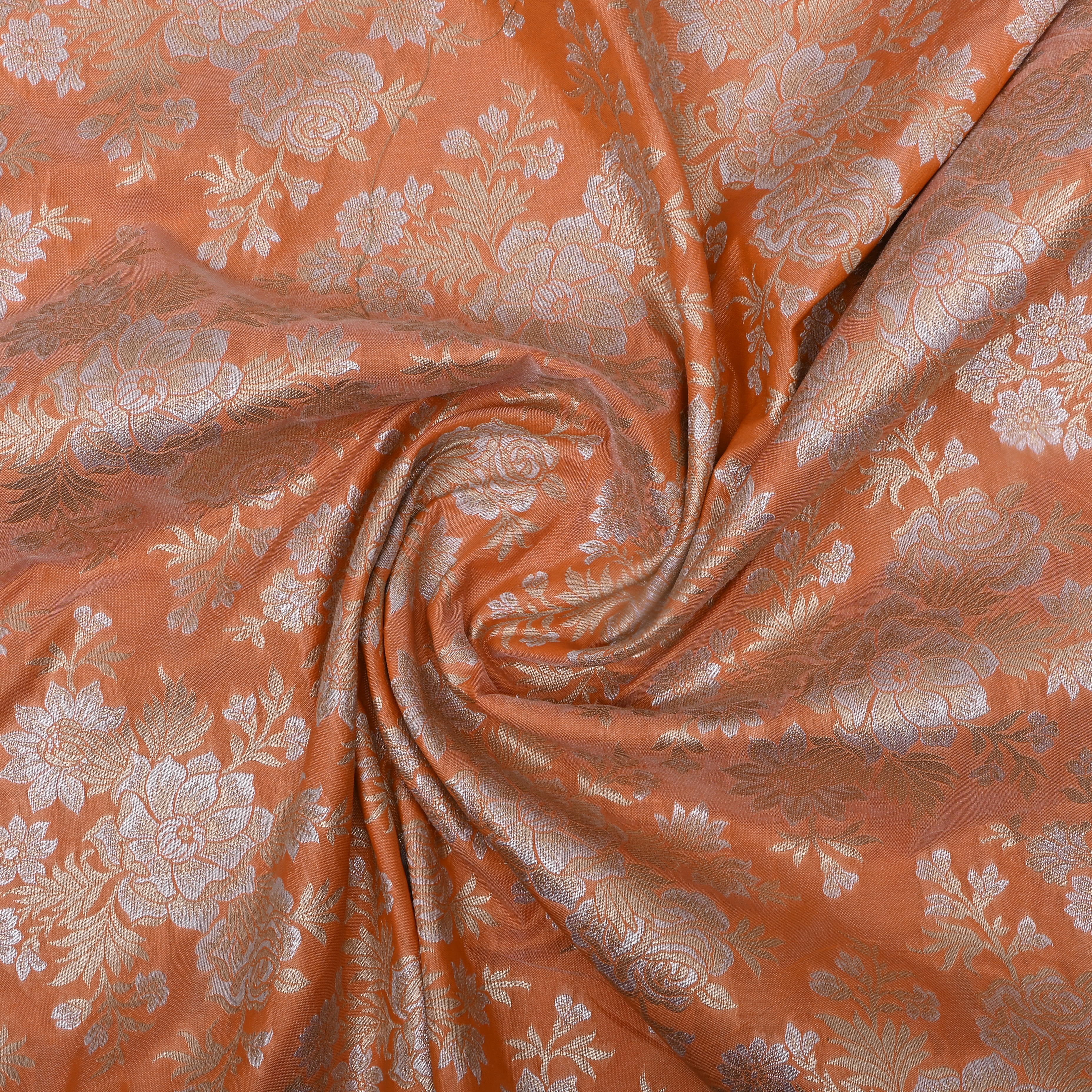 Orange Floral Zari Woven Jamawar Silk Fabric