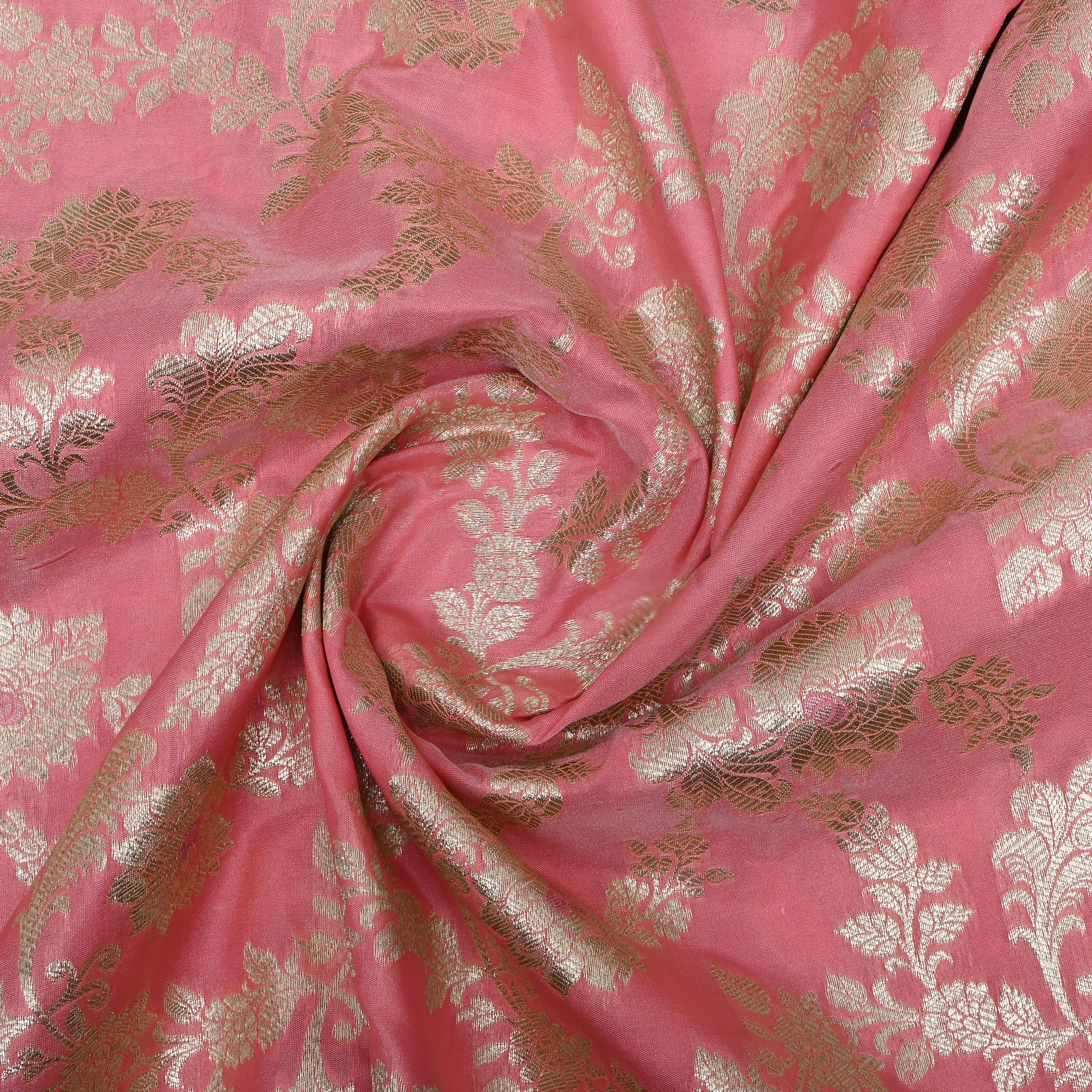 Taffy Pink Floral Zari Woven Jamawar Silk Fabric