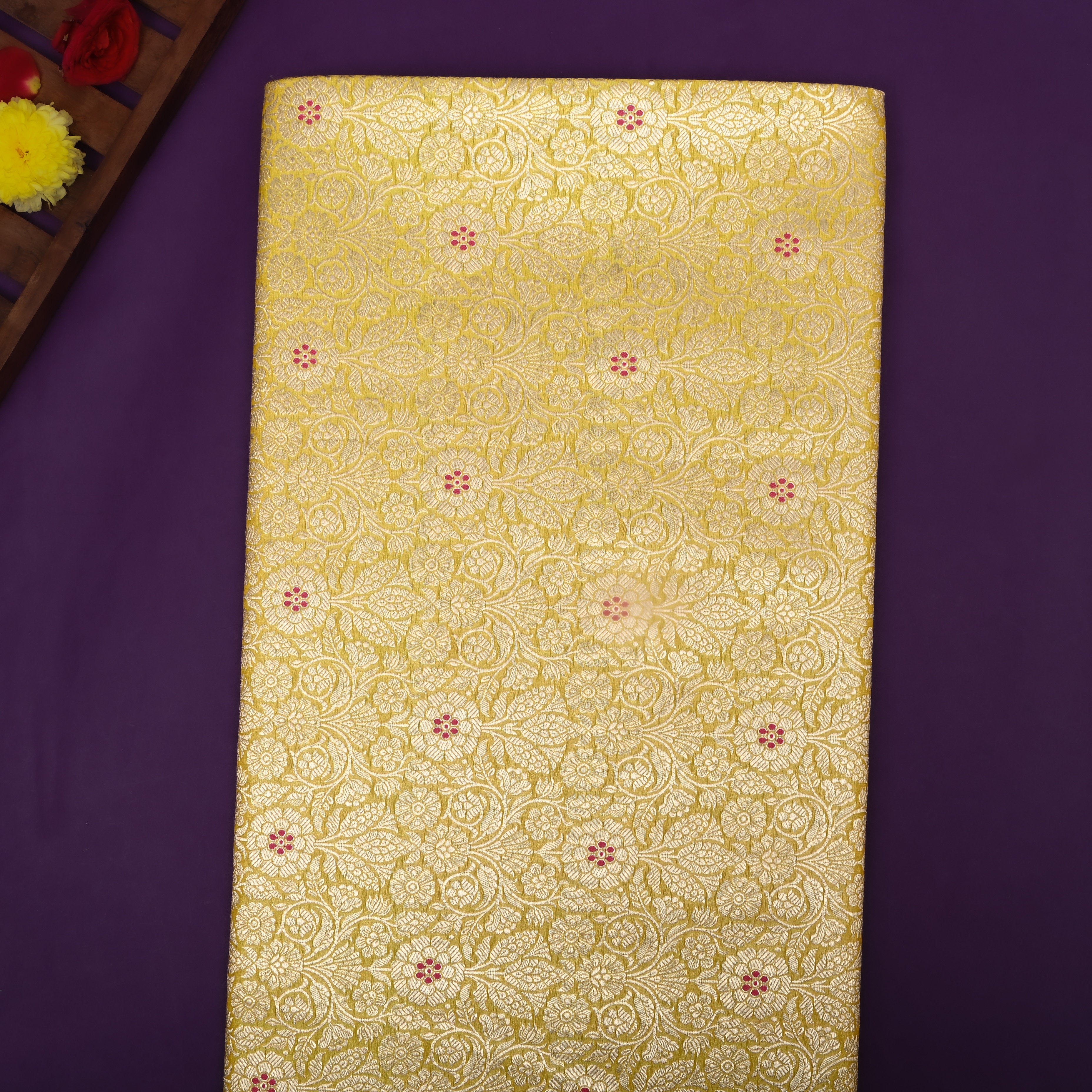 Golden Green Floral Jamawar Silk Fabric