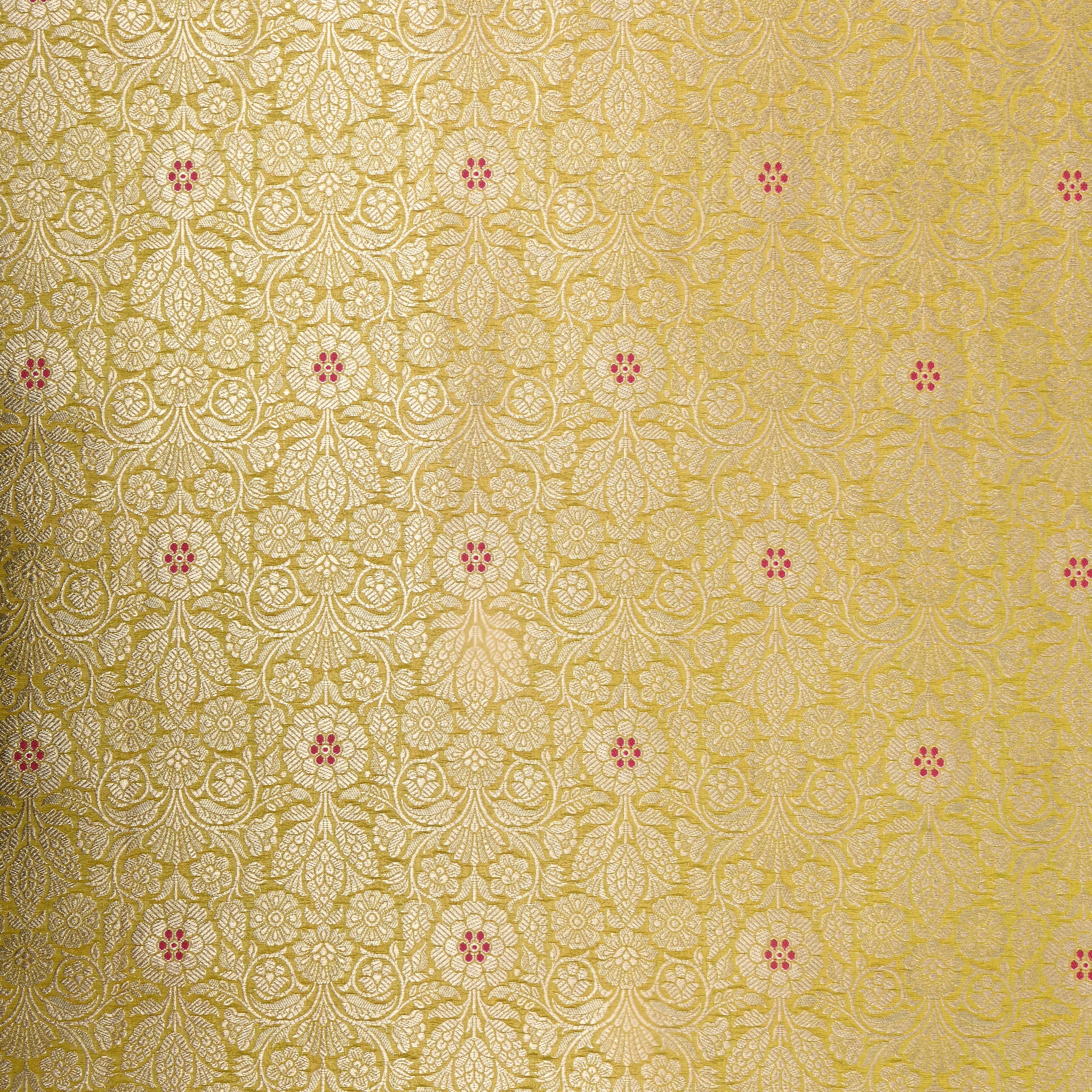 Golden Green Floral Jamawar Silk Fabric