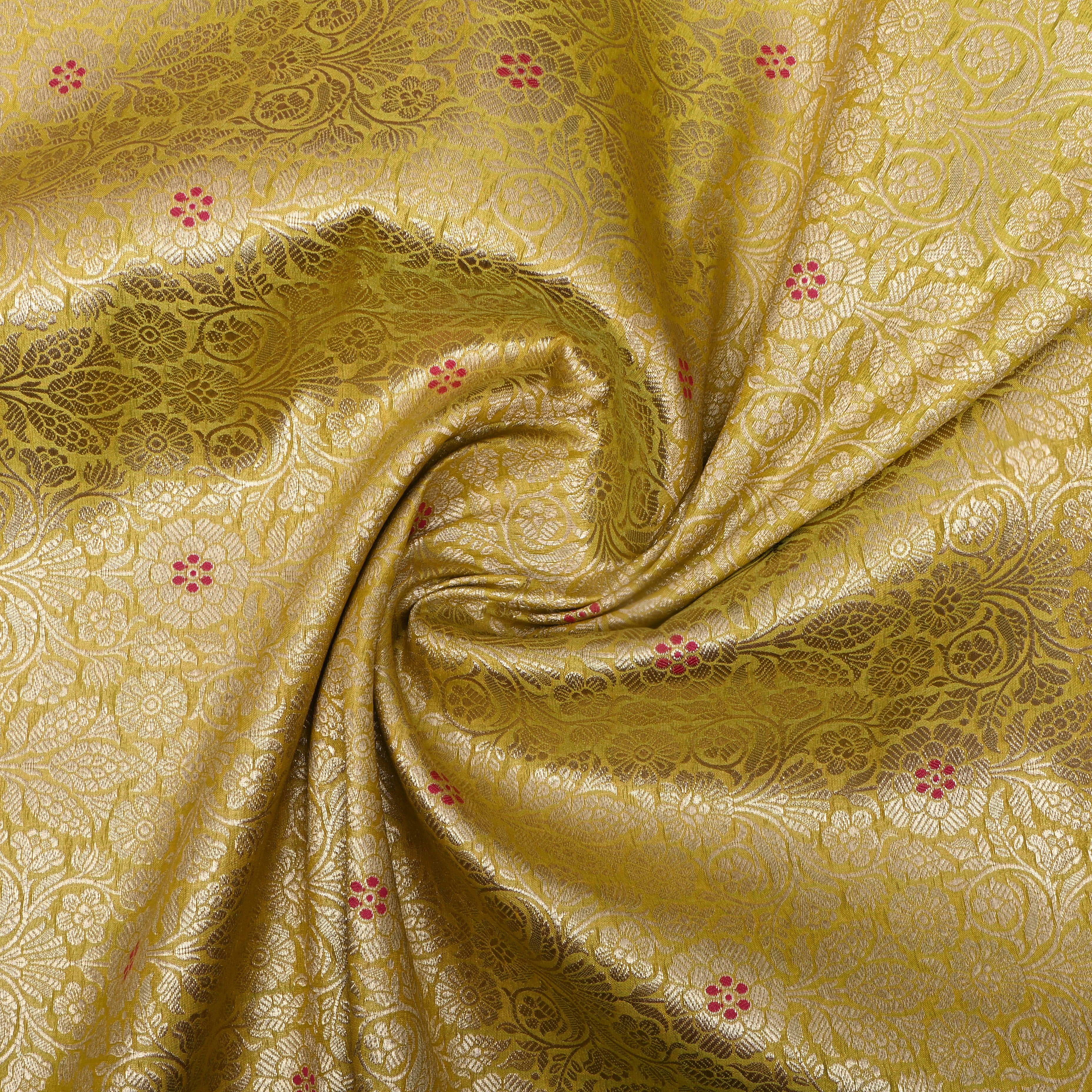 Golden Green Floral Jamawar Silk Fabric