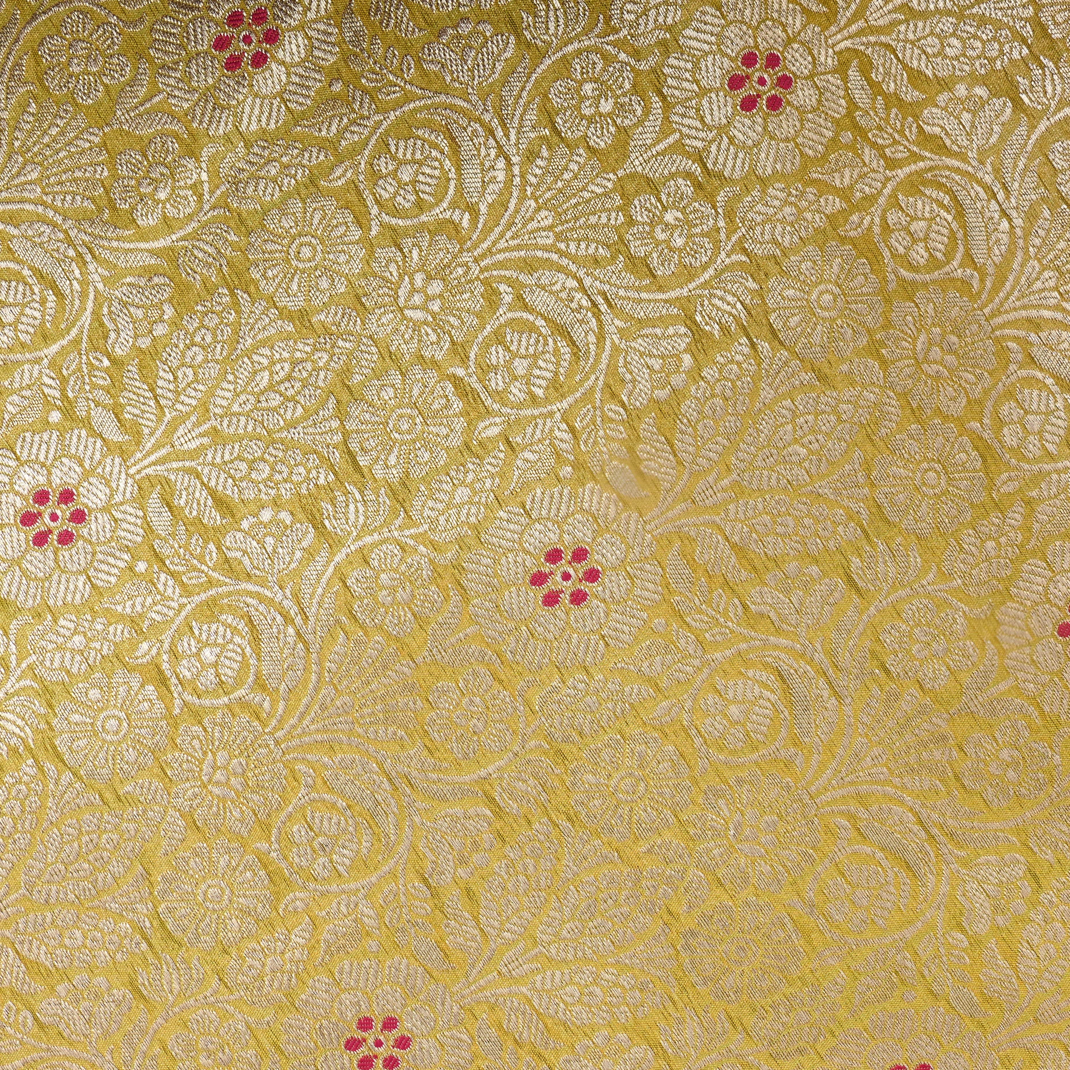 Golden Green Floral Jamawar Silk Fabric