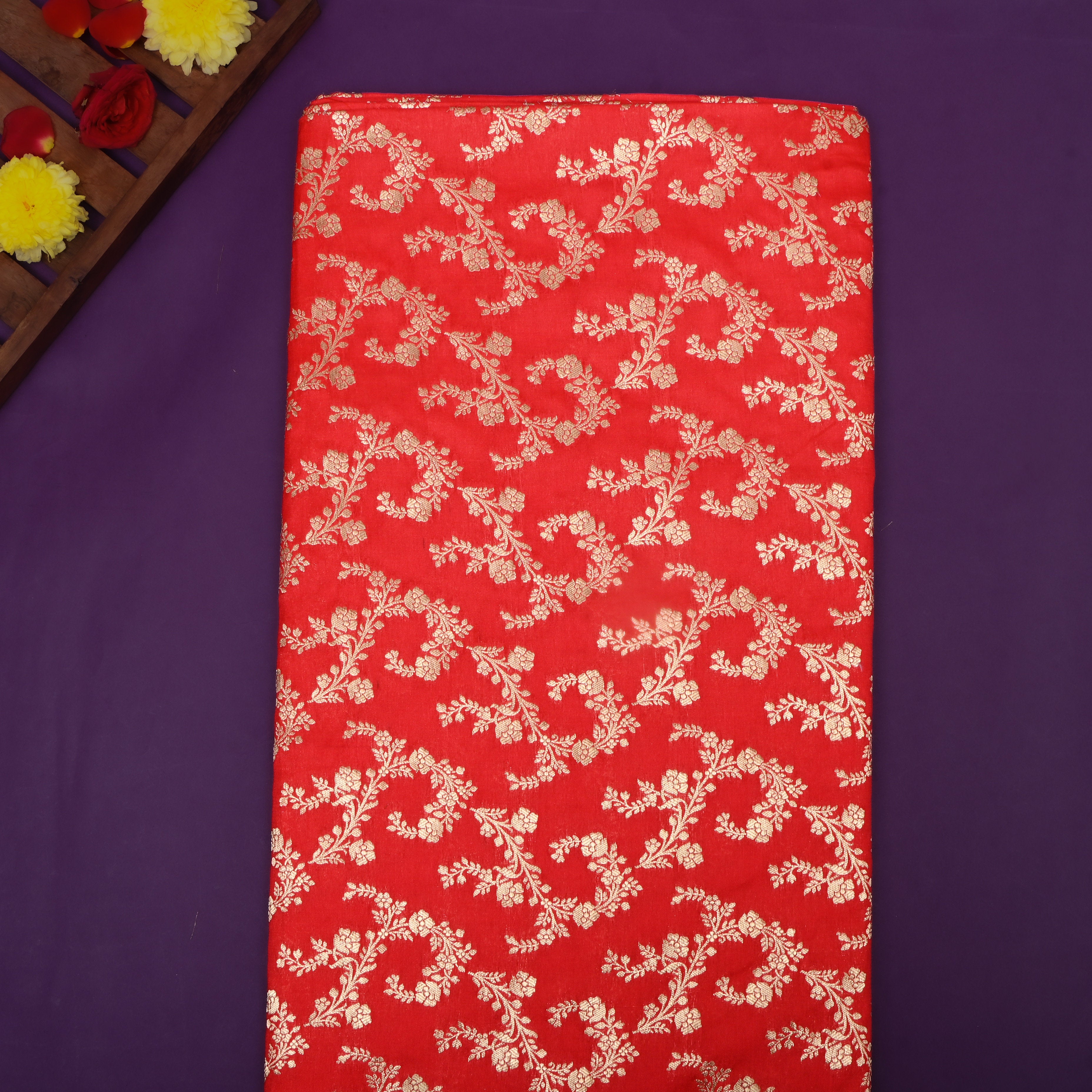 Bright Red Jamawar Floral Silk Fabric