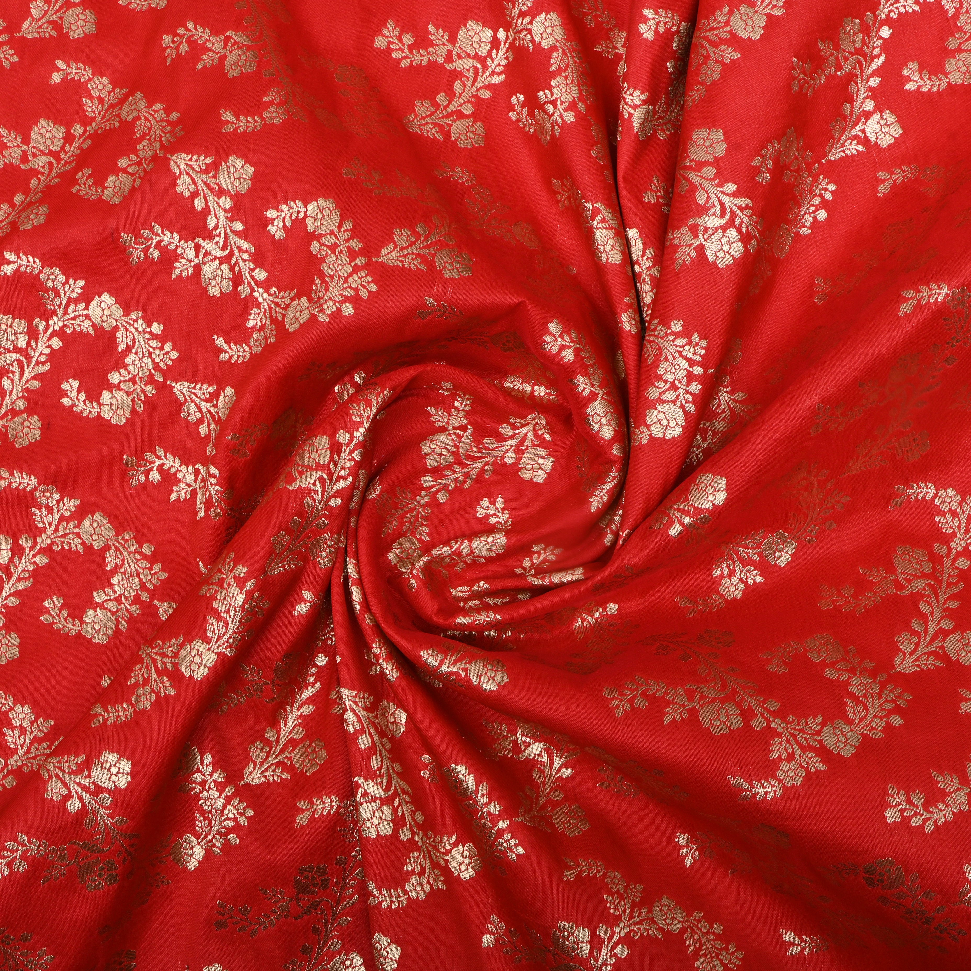 Bright Red Jamawar Floral Silk Fabric