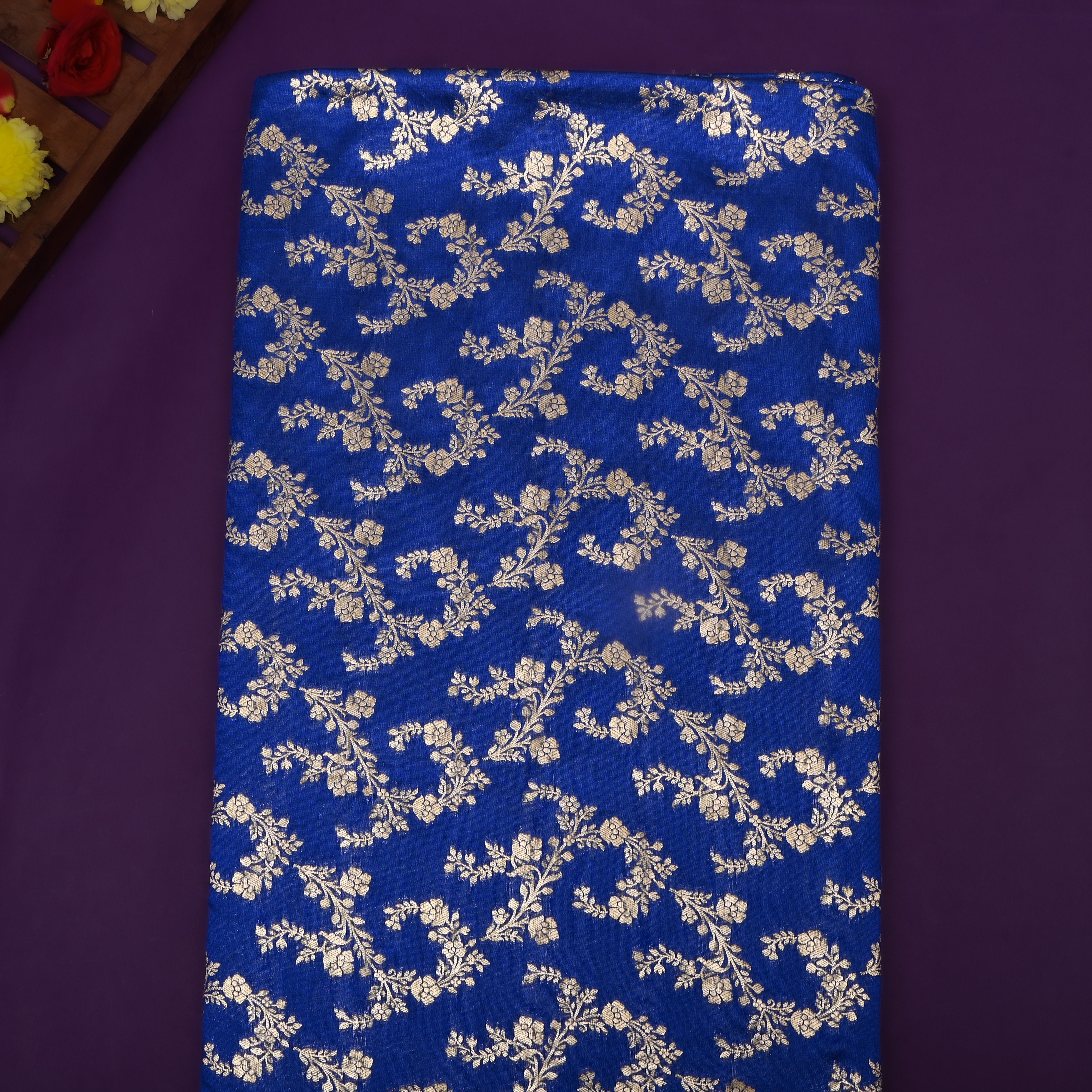 Azure Blue Floral Jaal Jamawar Silk Fabric
