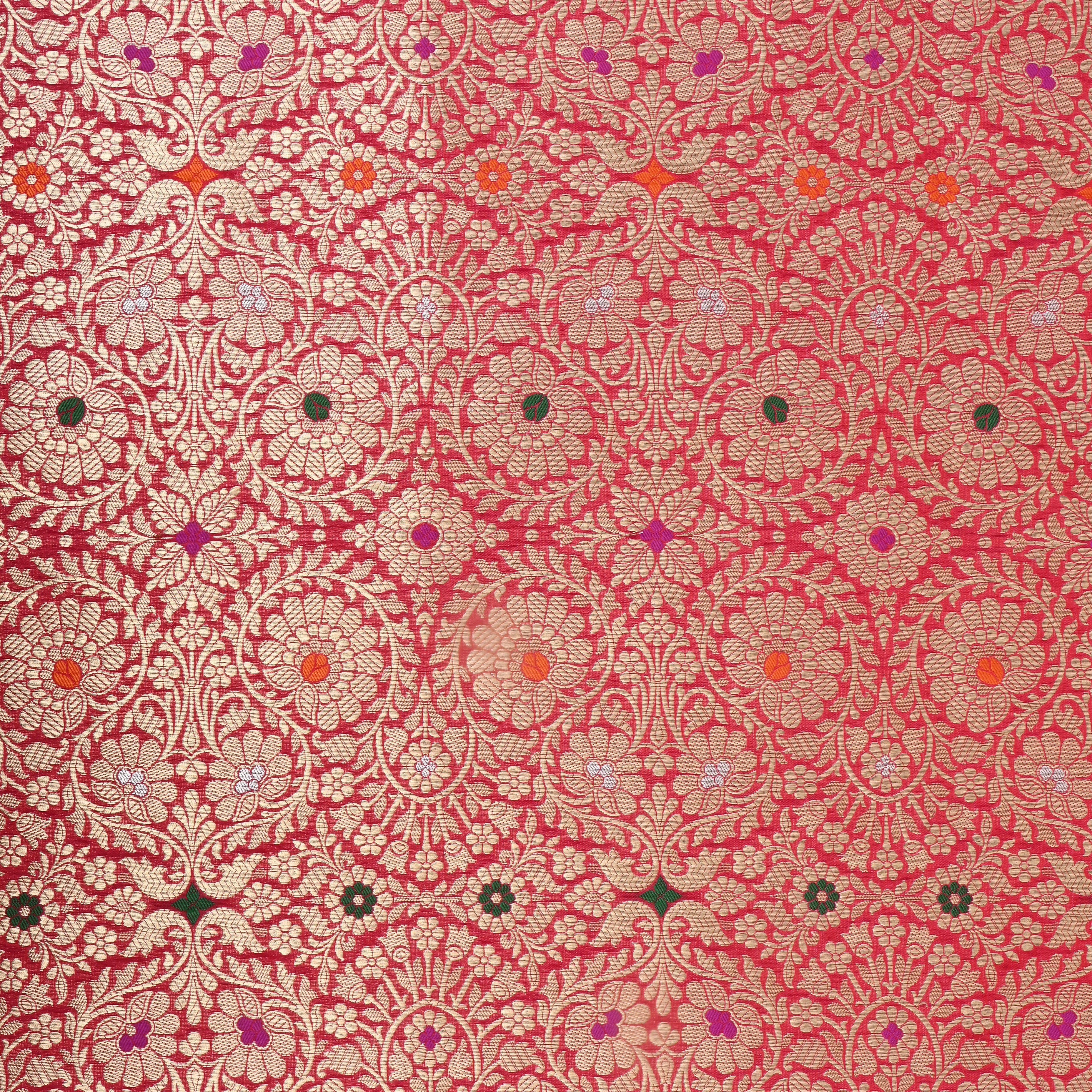 Bright Pink Floral Jamawar Silk Fabric