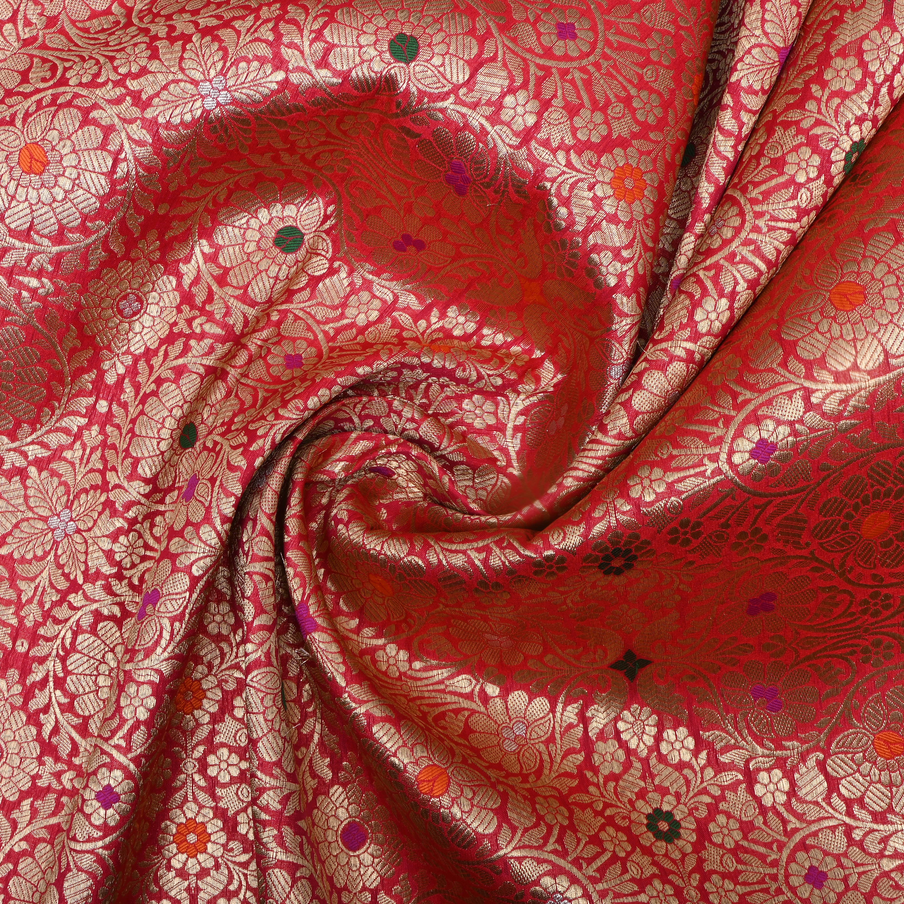 Bright Pink Floral Jamawar Silk Fabric