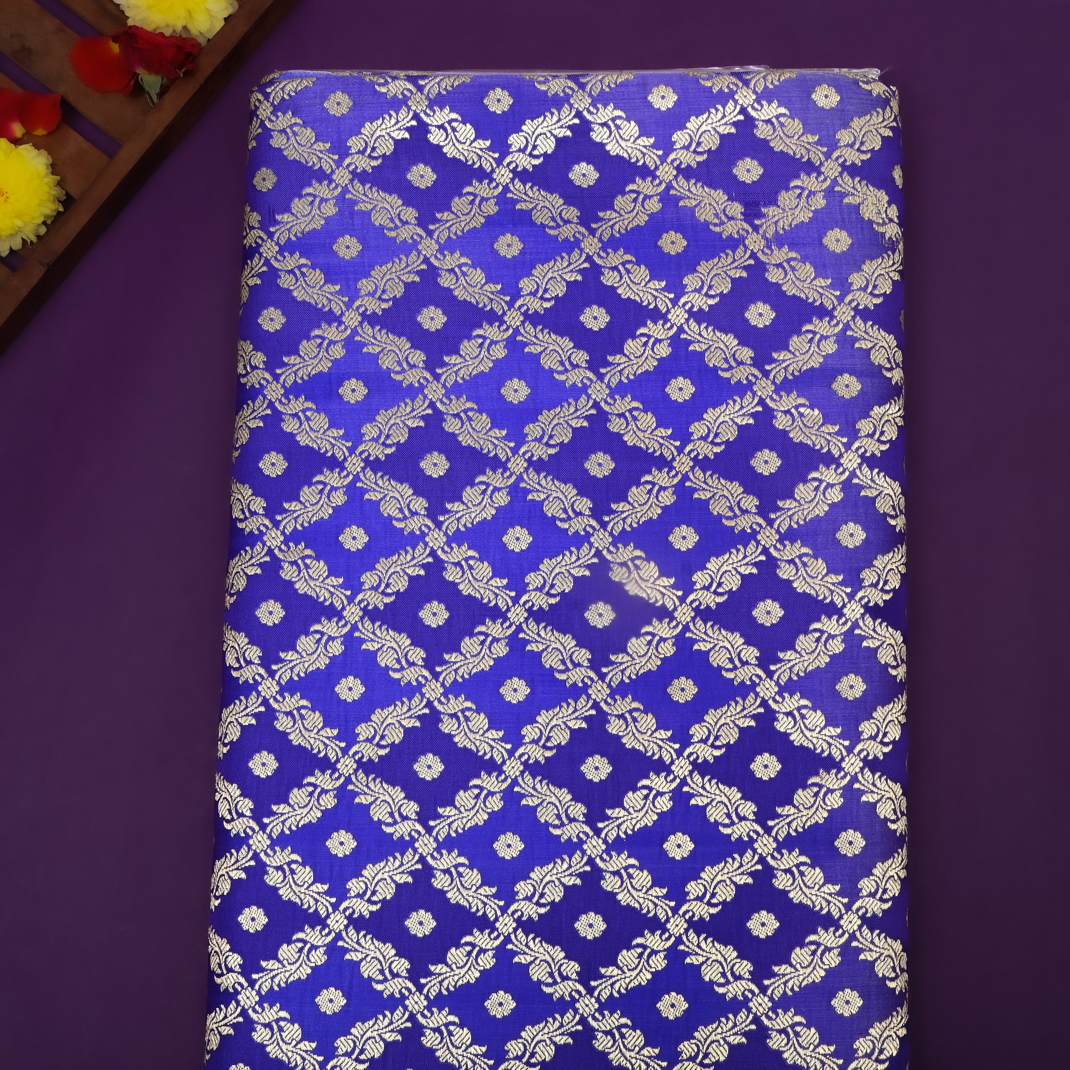 Cobalt Blue Floral Jamawar Satin Fabric