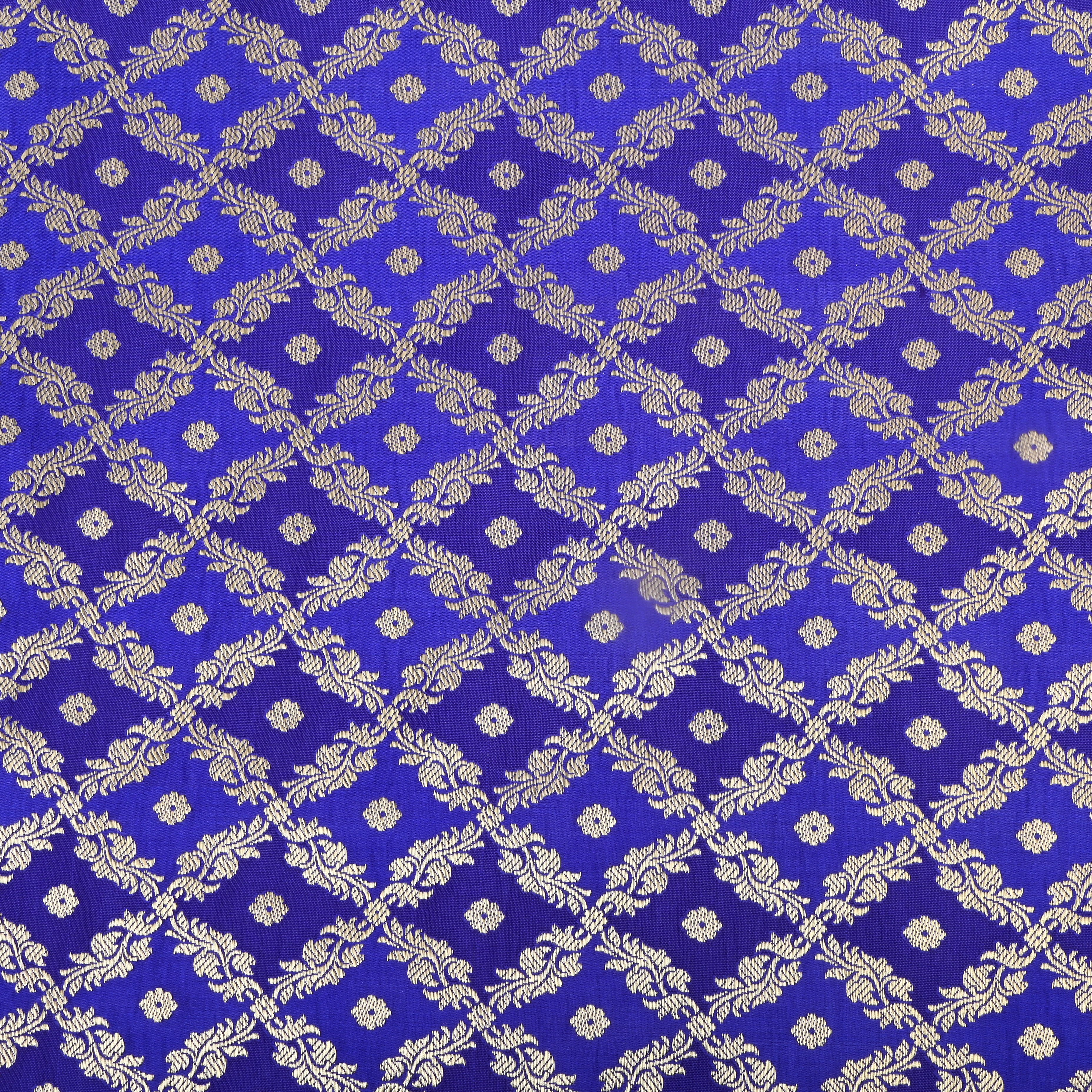 Cobalt Blue Floral Jamawar Satin Fabric