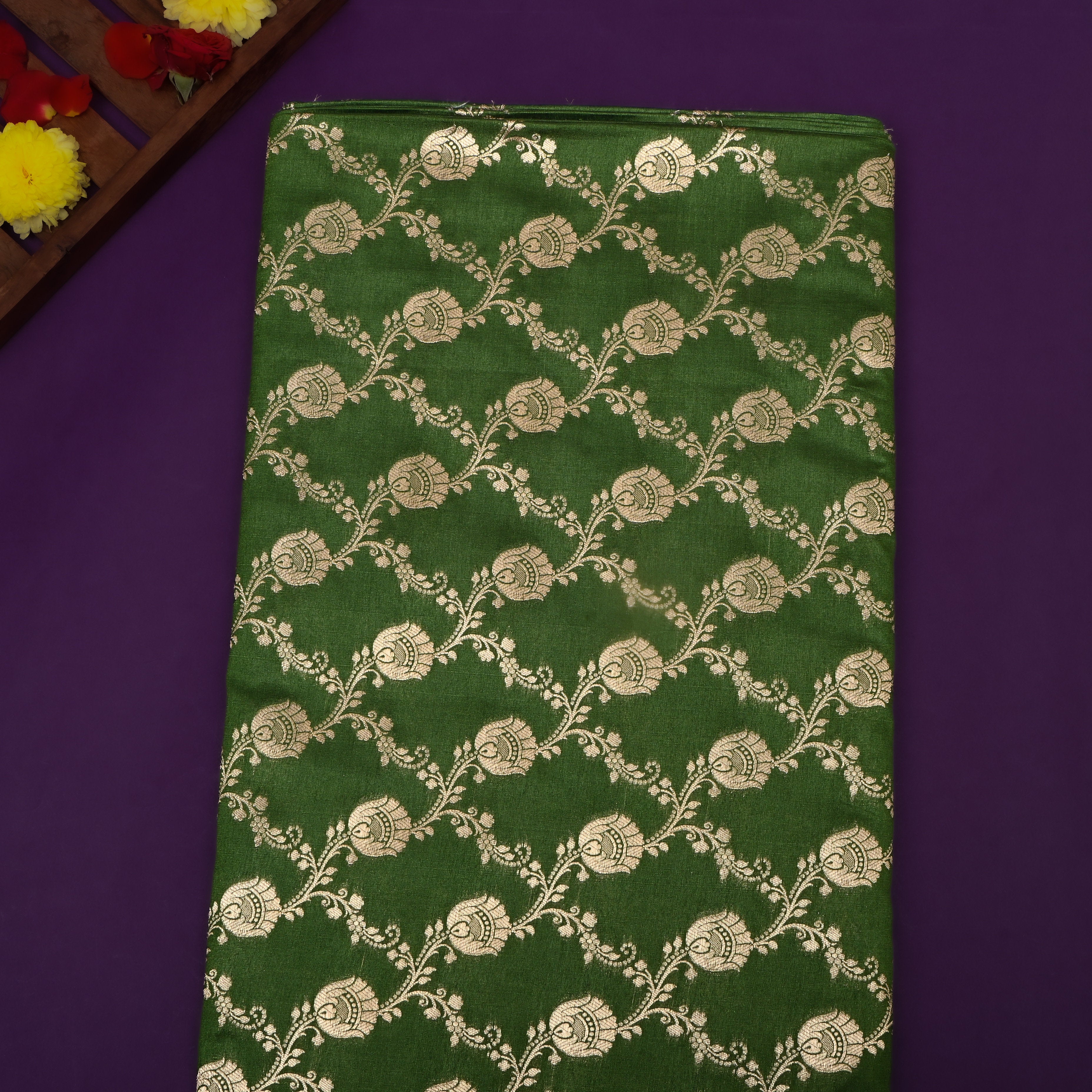 Spruce Green Floral Jamawar Silk Fabric