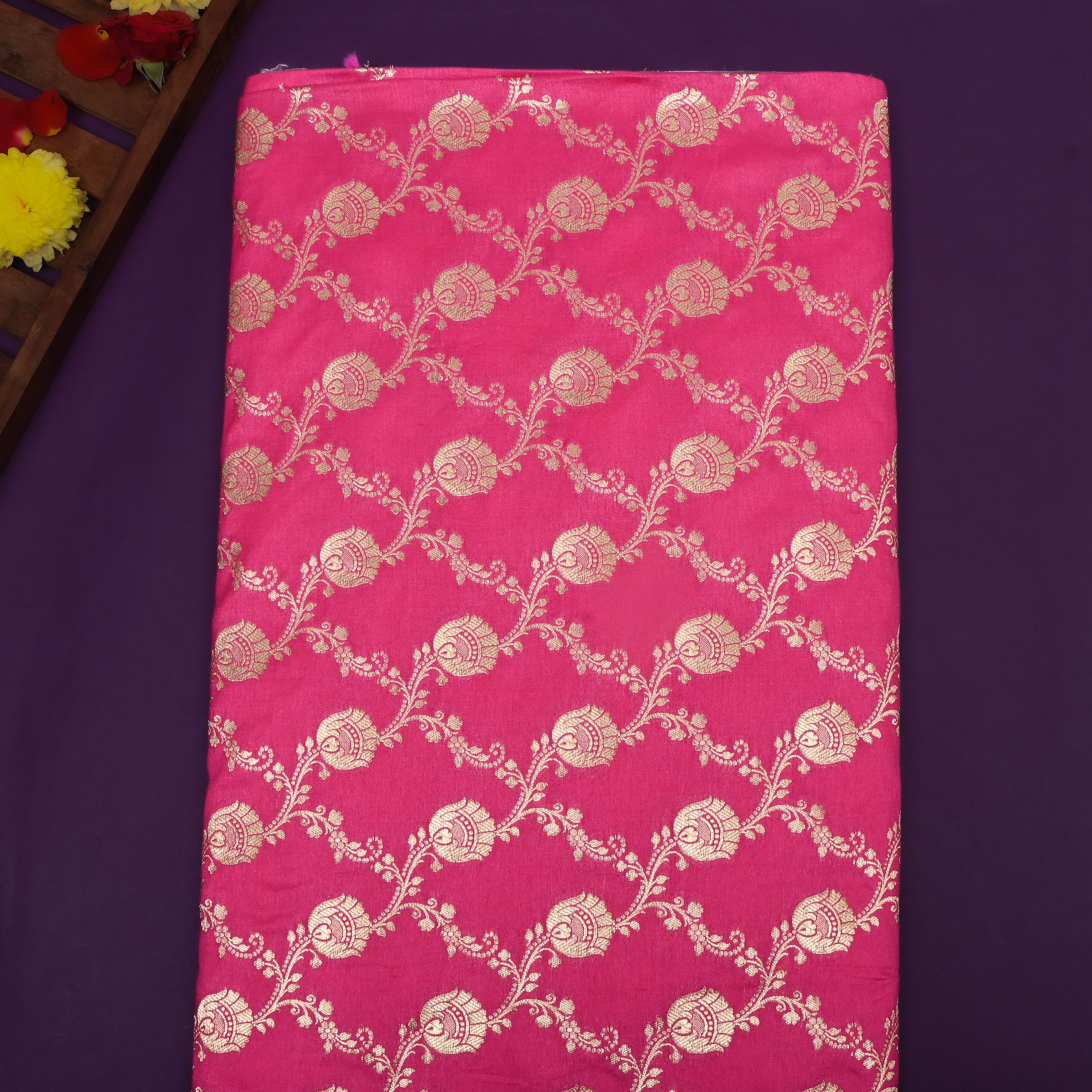 Hot Pink Floral Jaal Woven Jamawar Silk Fabric