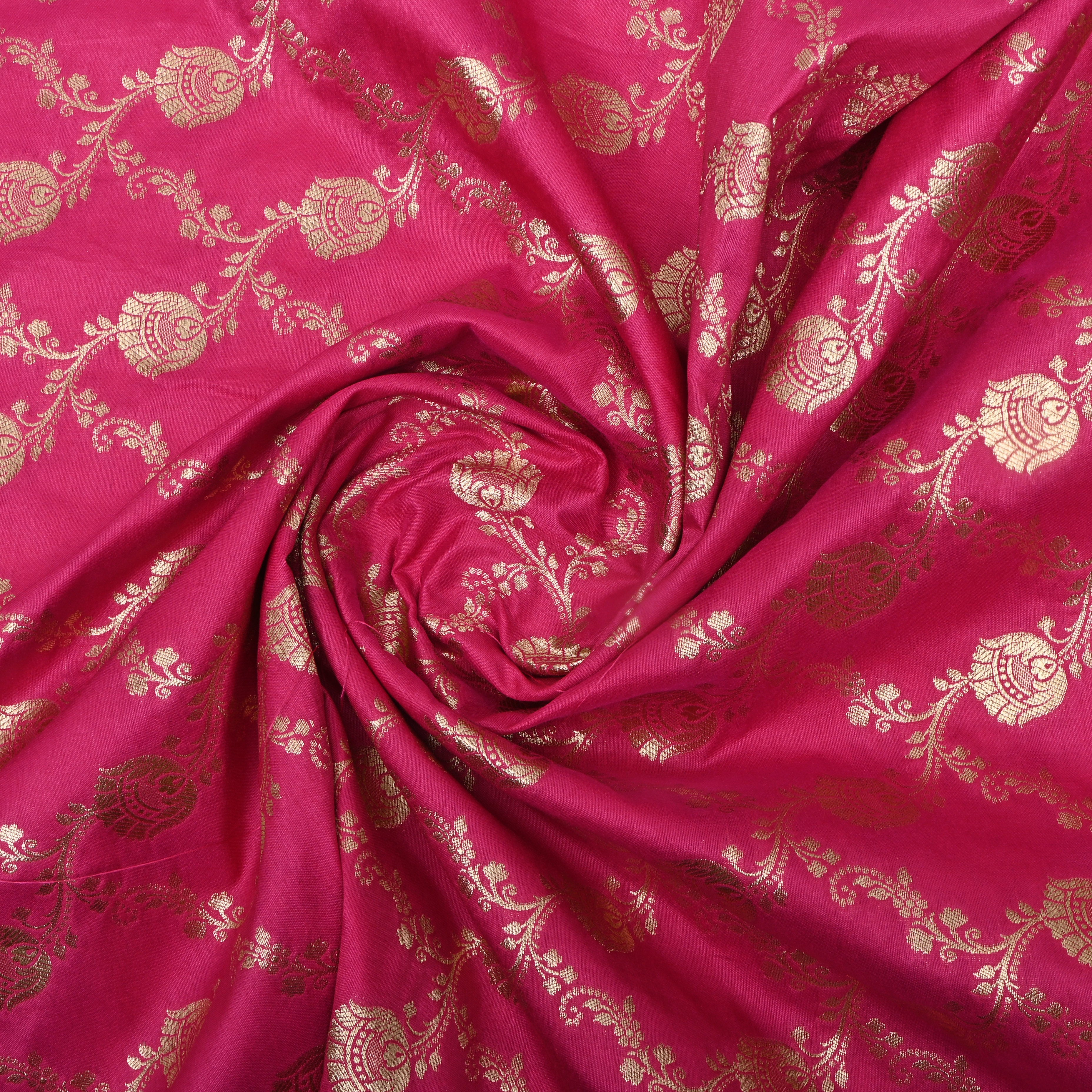 Hot Pink Floral Jaal Woven Jamawar Silk Fabric