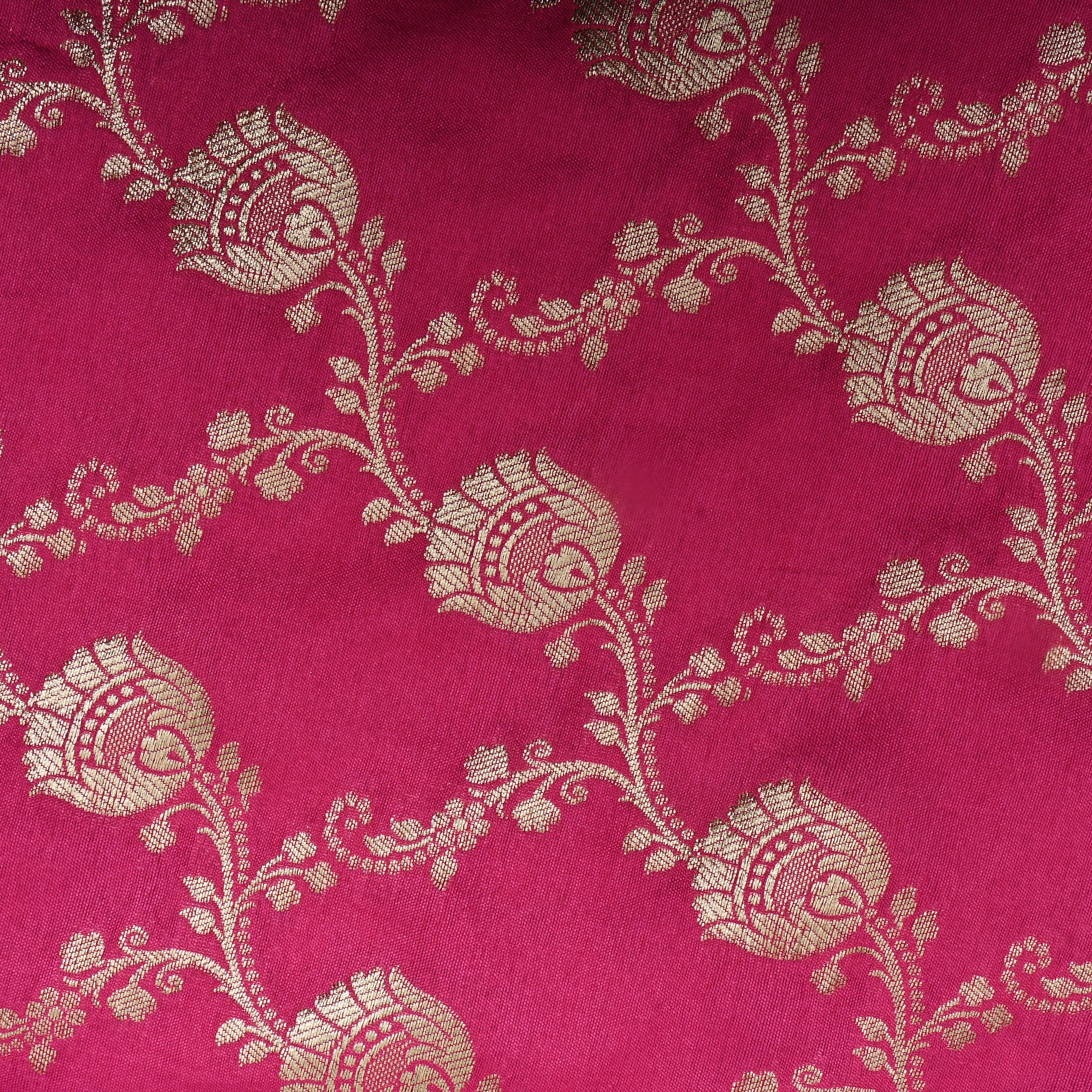 Hot Pink Floral Jaal Woven Jamawar Silk Fabric