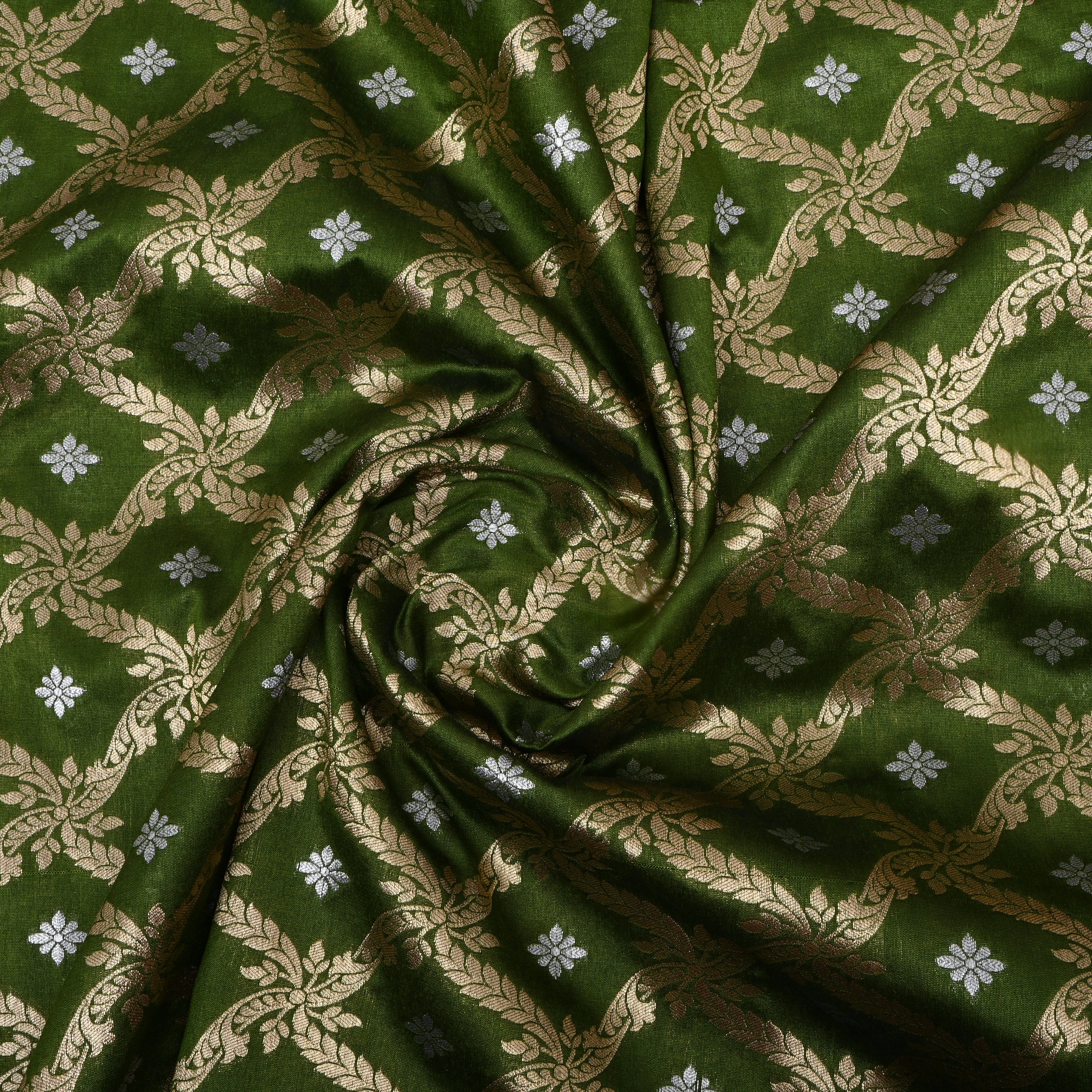 Earthy Dark Green Zari Woven Jamawar Silk Fabric