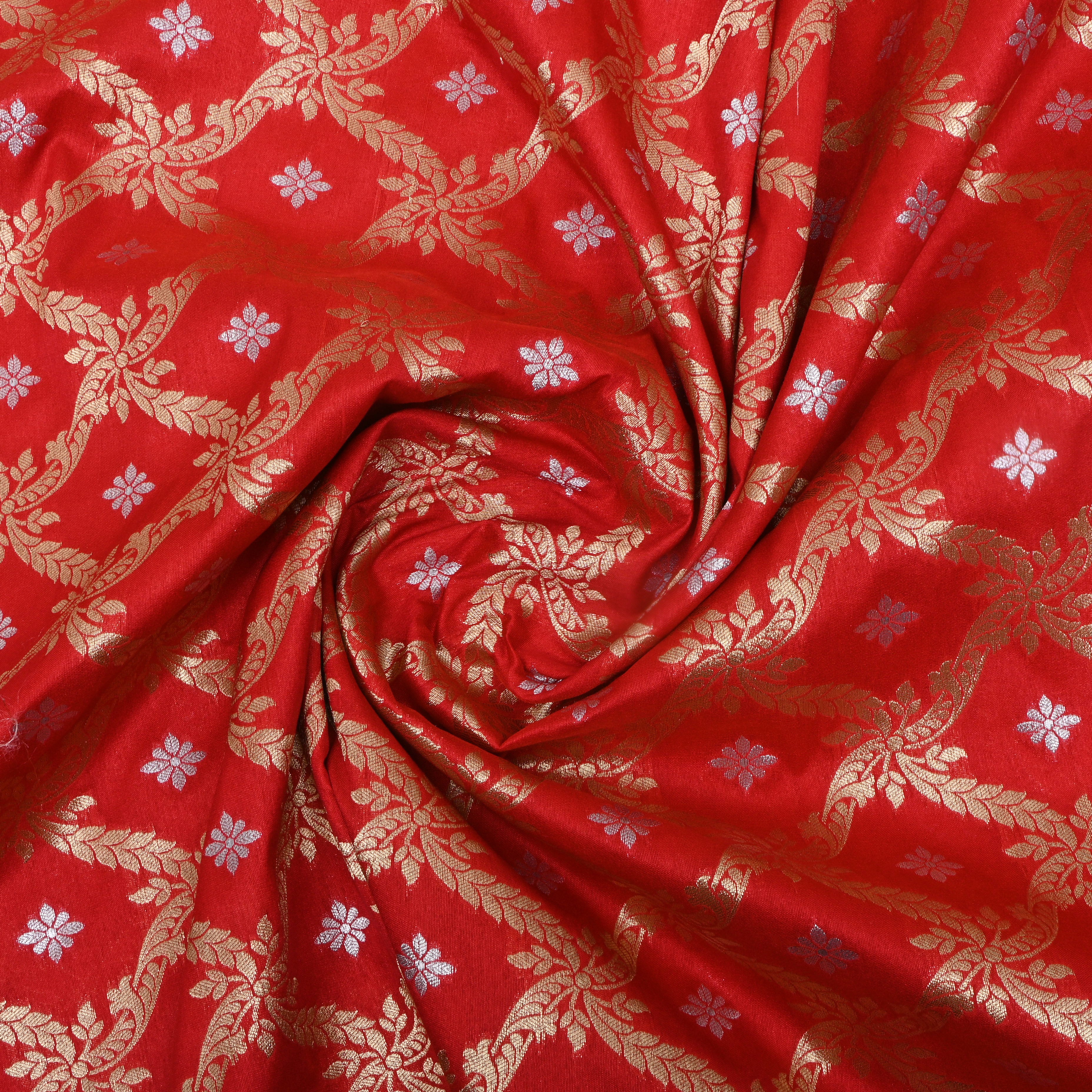 Scarlet Red Floral Jamawar Silk Fabric