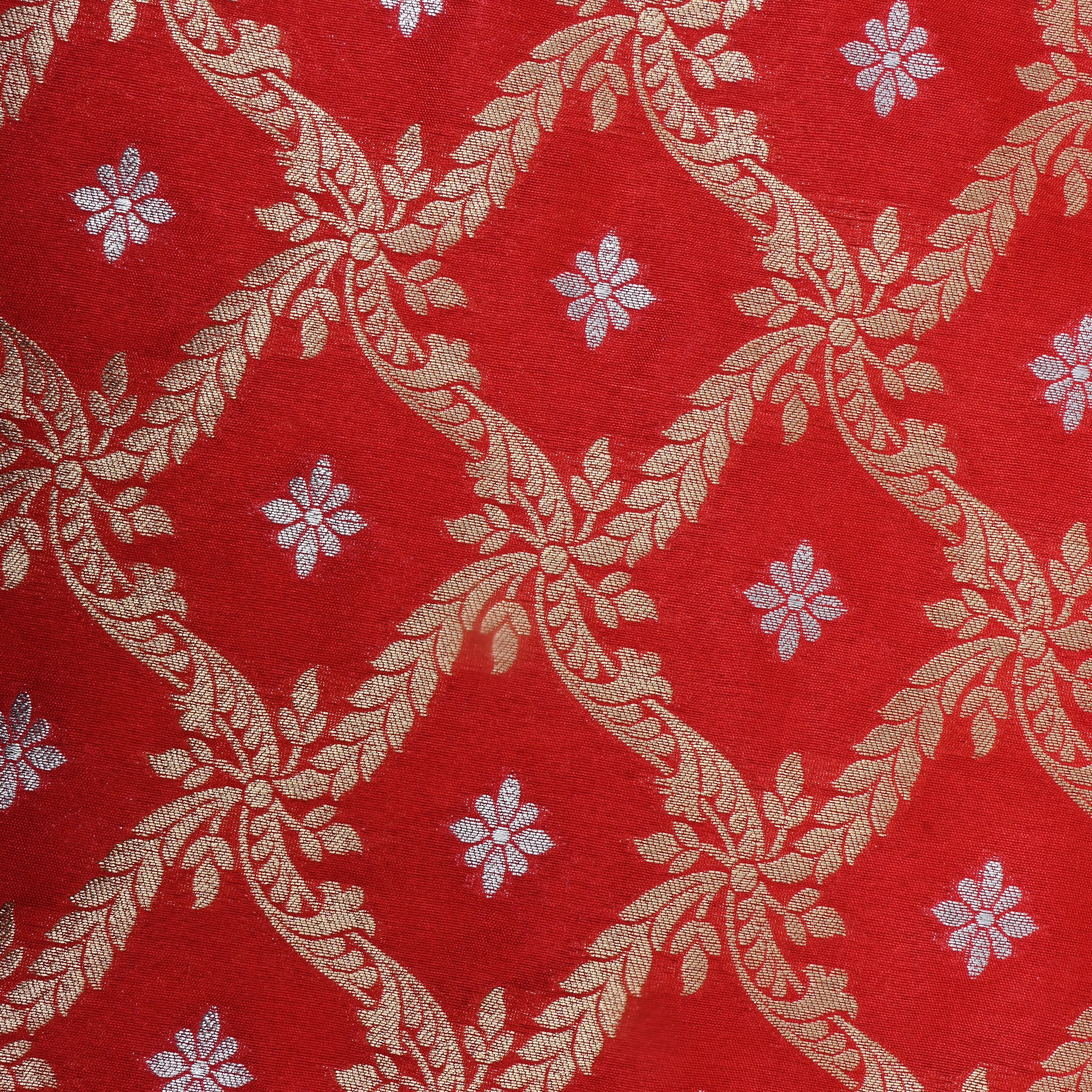 Scarlet Red Floral Jamawar Silk Fabric