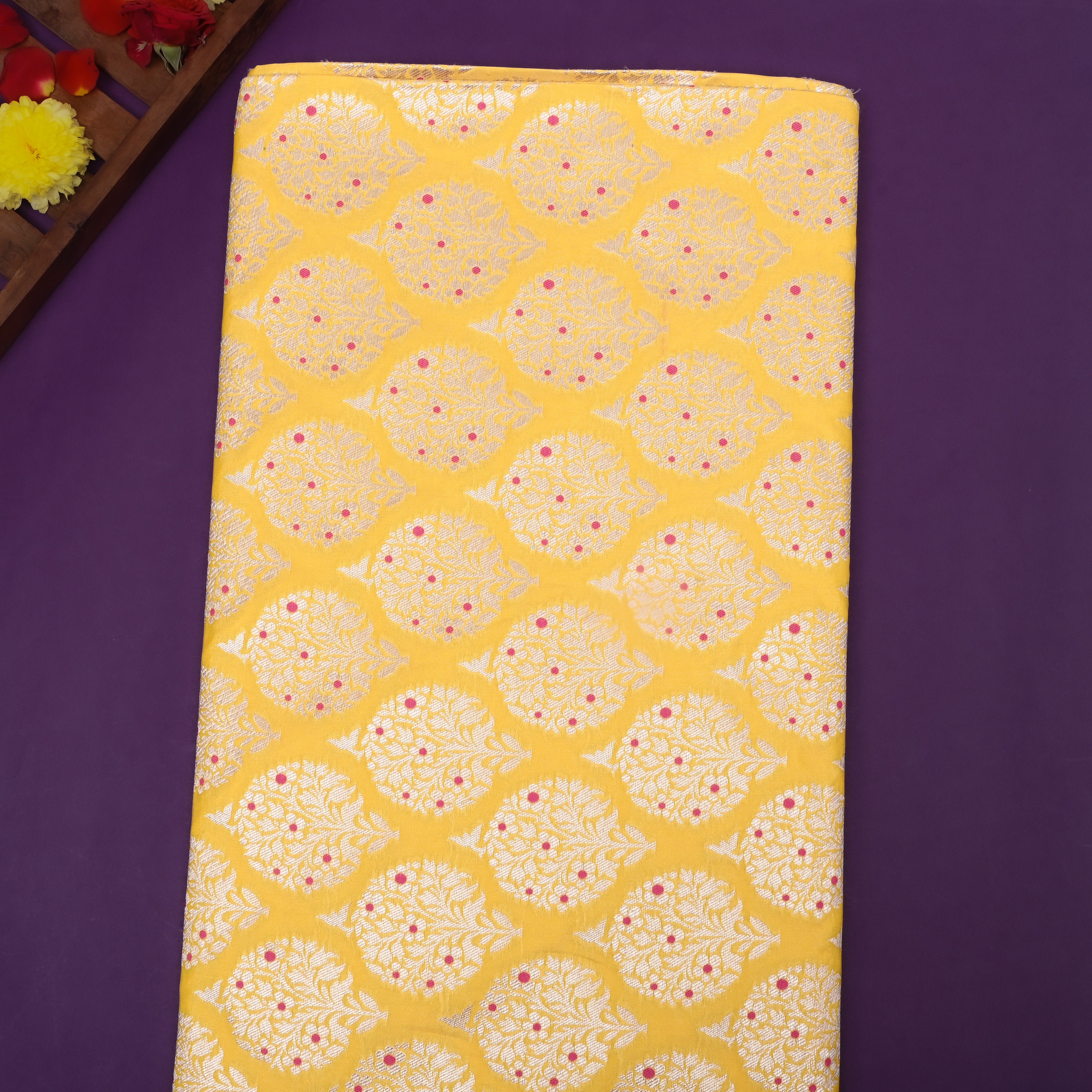 Sun Set Yellow Zari Weave Jamawar Silk Fabric