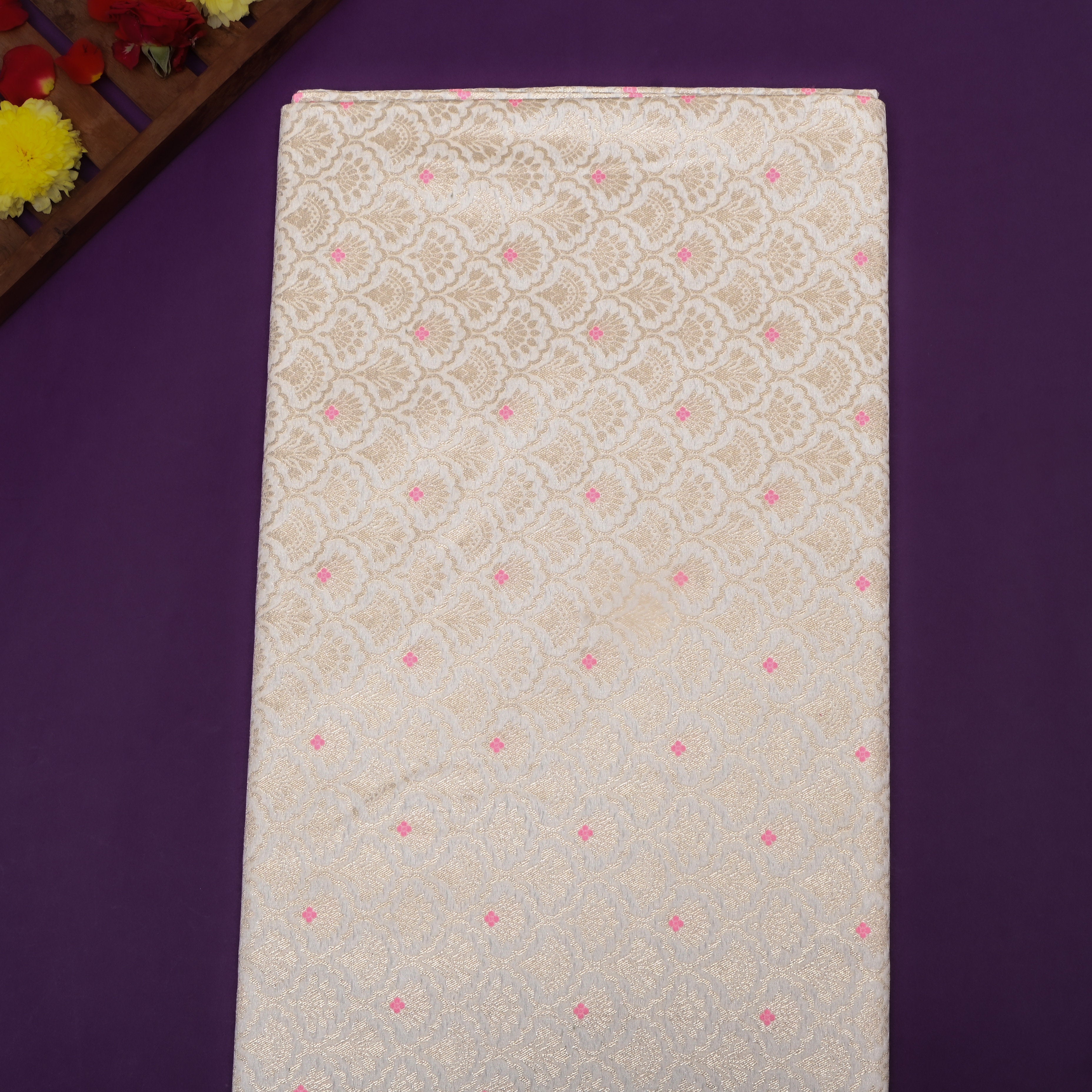 Off-White Jamawar Weave Floral Silk Fabric