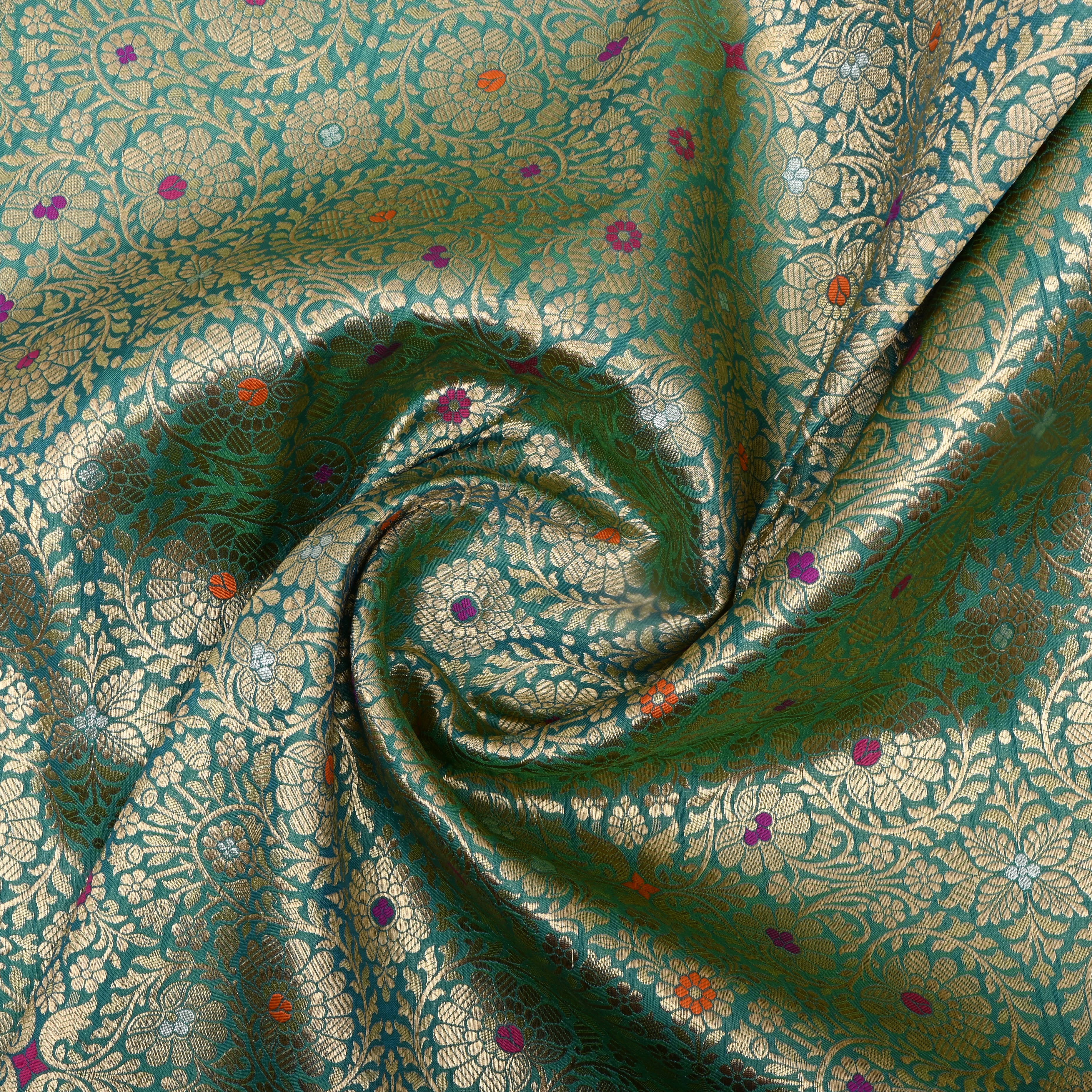 Aquamarine Blue Floral Jamawar Silk Fabric